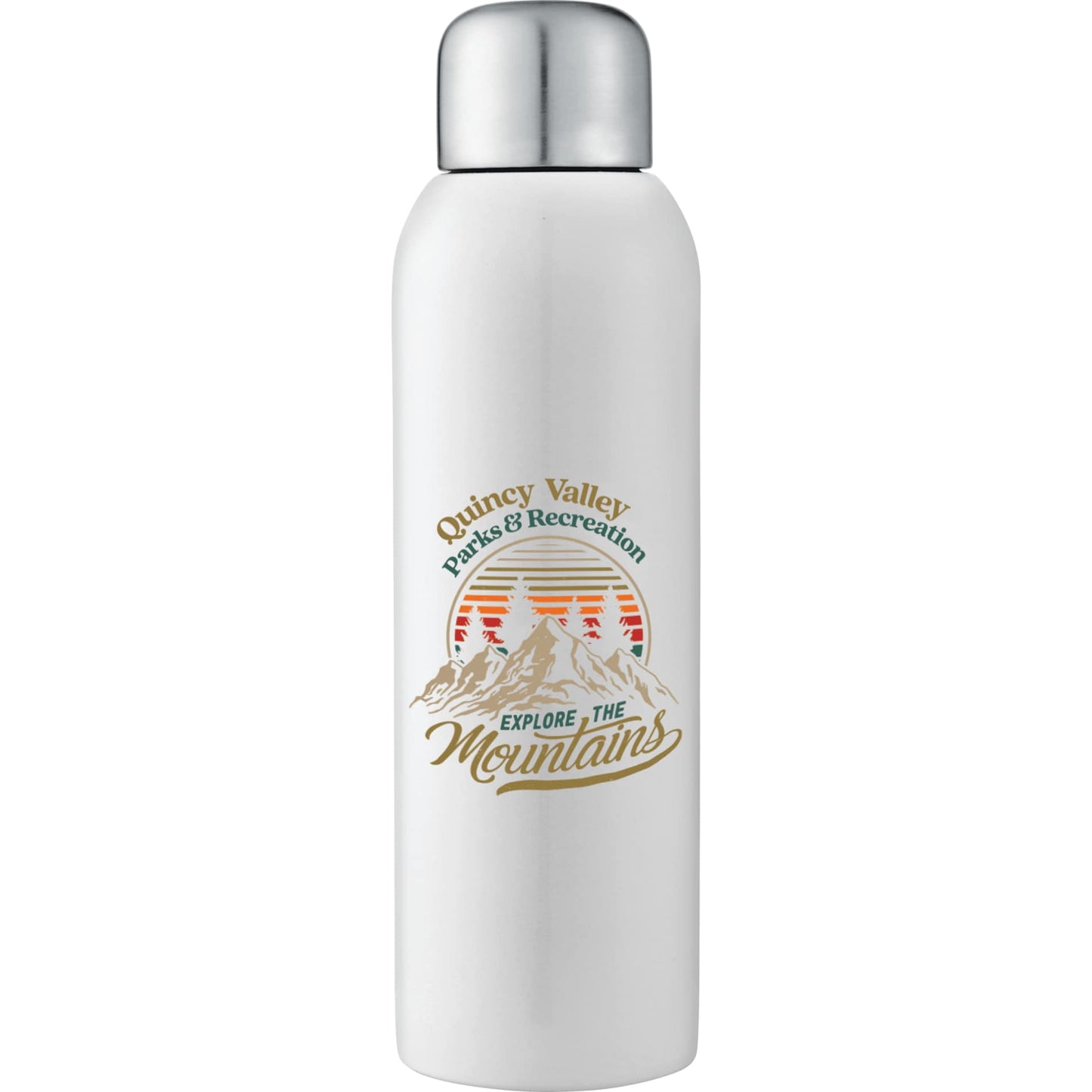 Front View of White Guzzle 28oz Stainless Sports Bottle