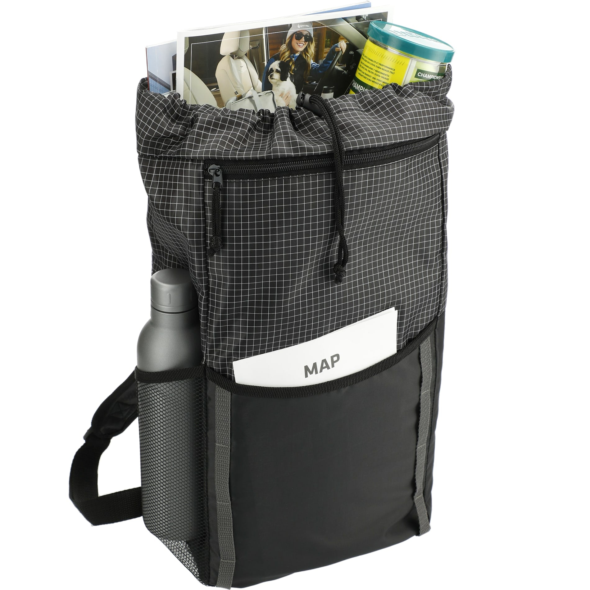 Black Grid 14L Drawstring Backpack plain