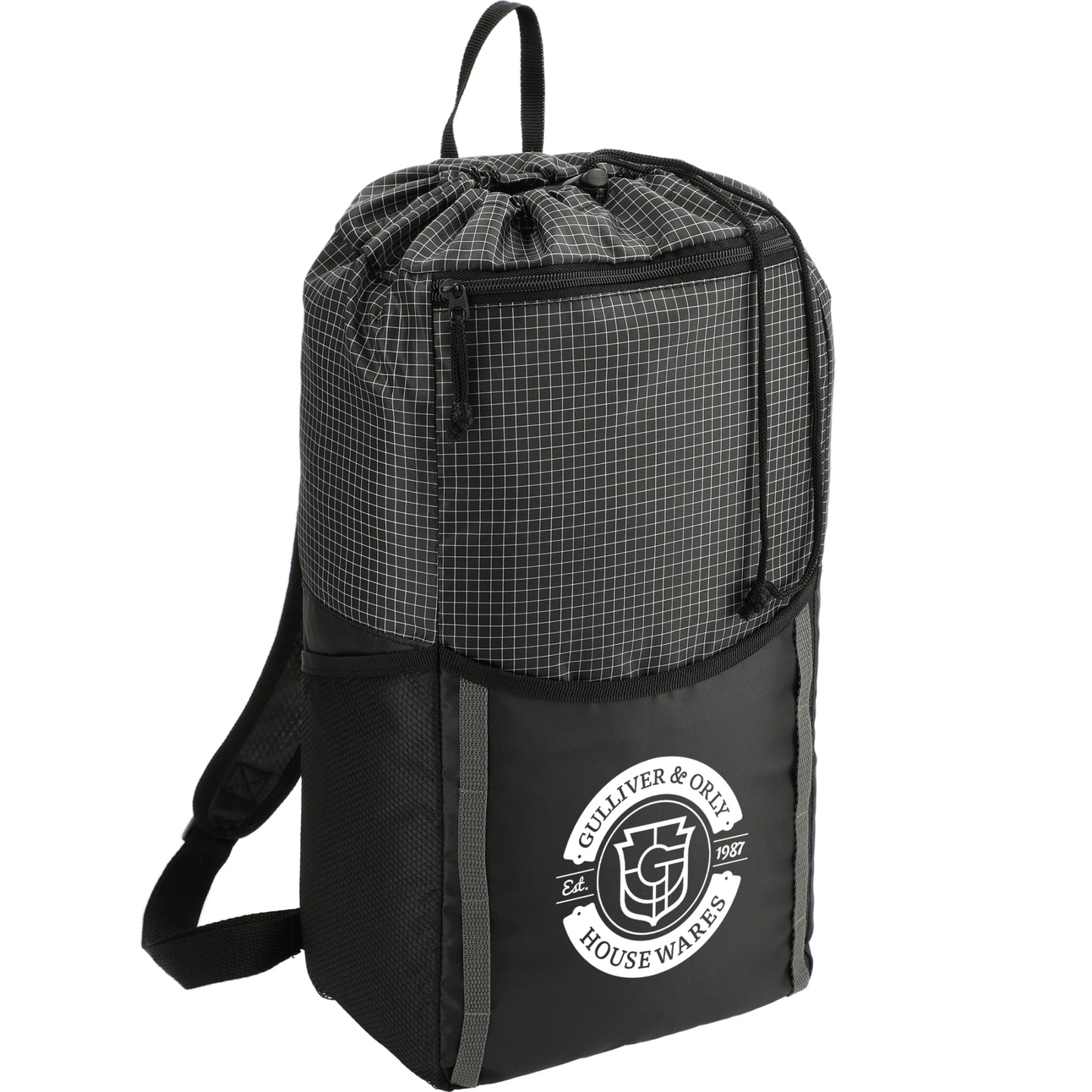 Black Grid 14L Drawstring Backpack