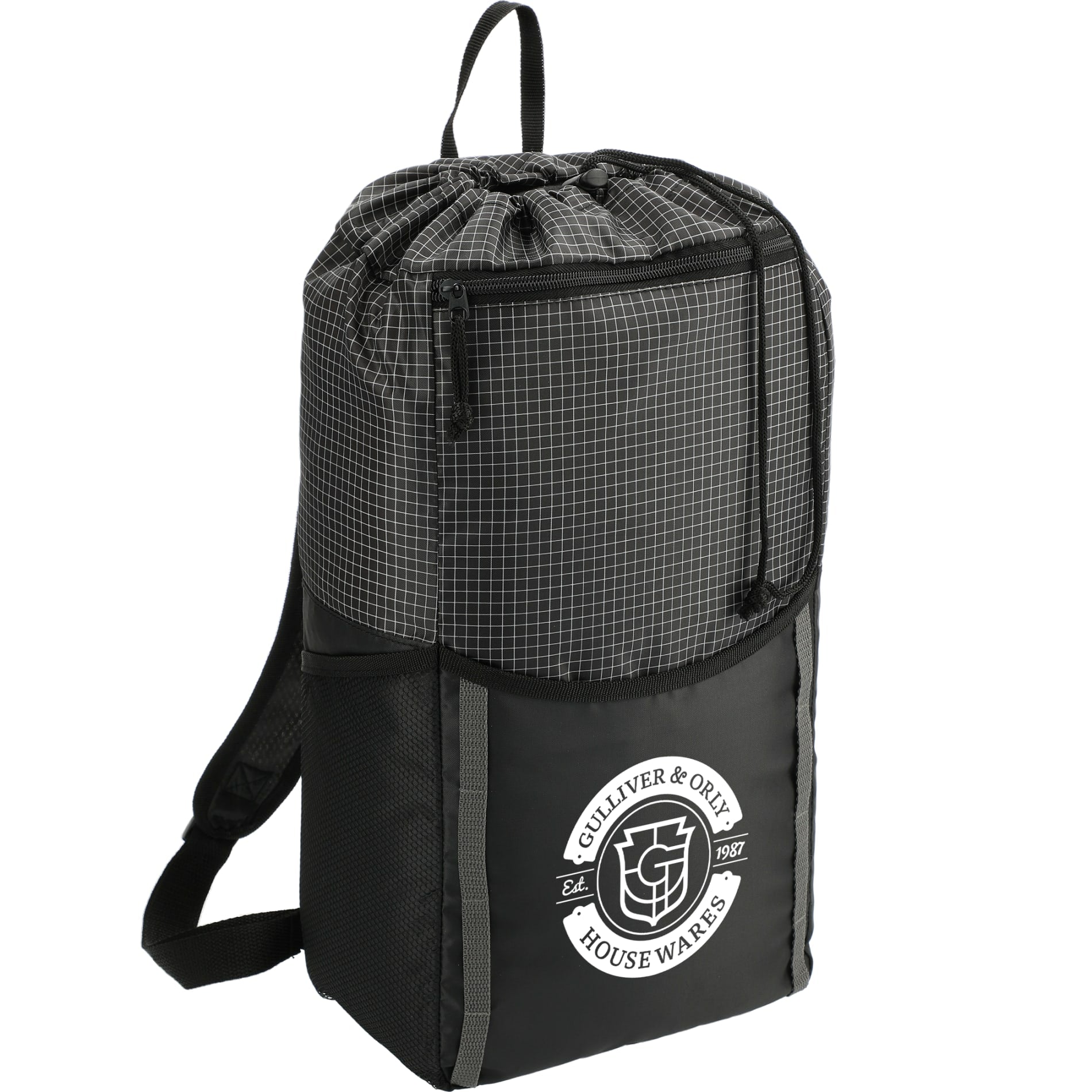 Black Grid 14L Drawstring Backpack