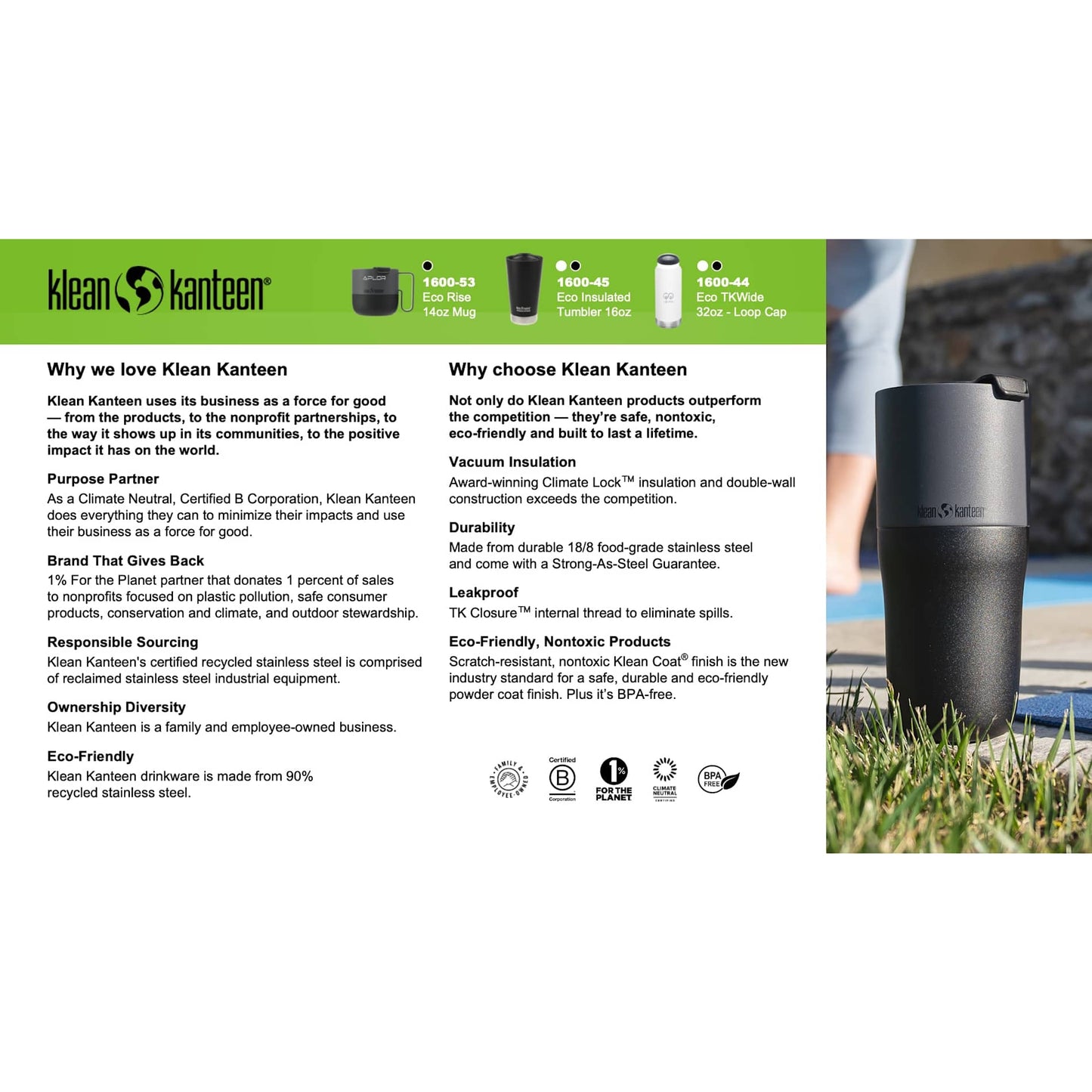 Black Klean Kanteen Eco Insulated Tumbler 16oz