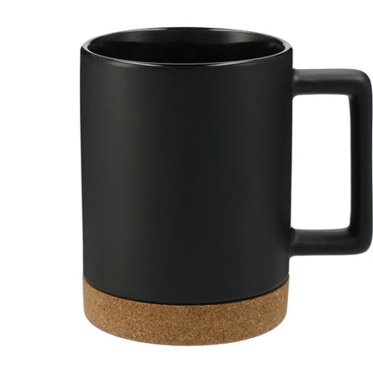 Front View of Black Bates 15oz Ceramic Mug w/ Cork Base plain