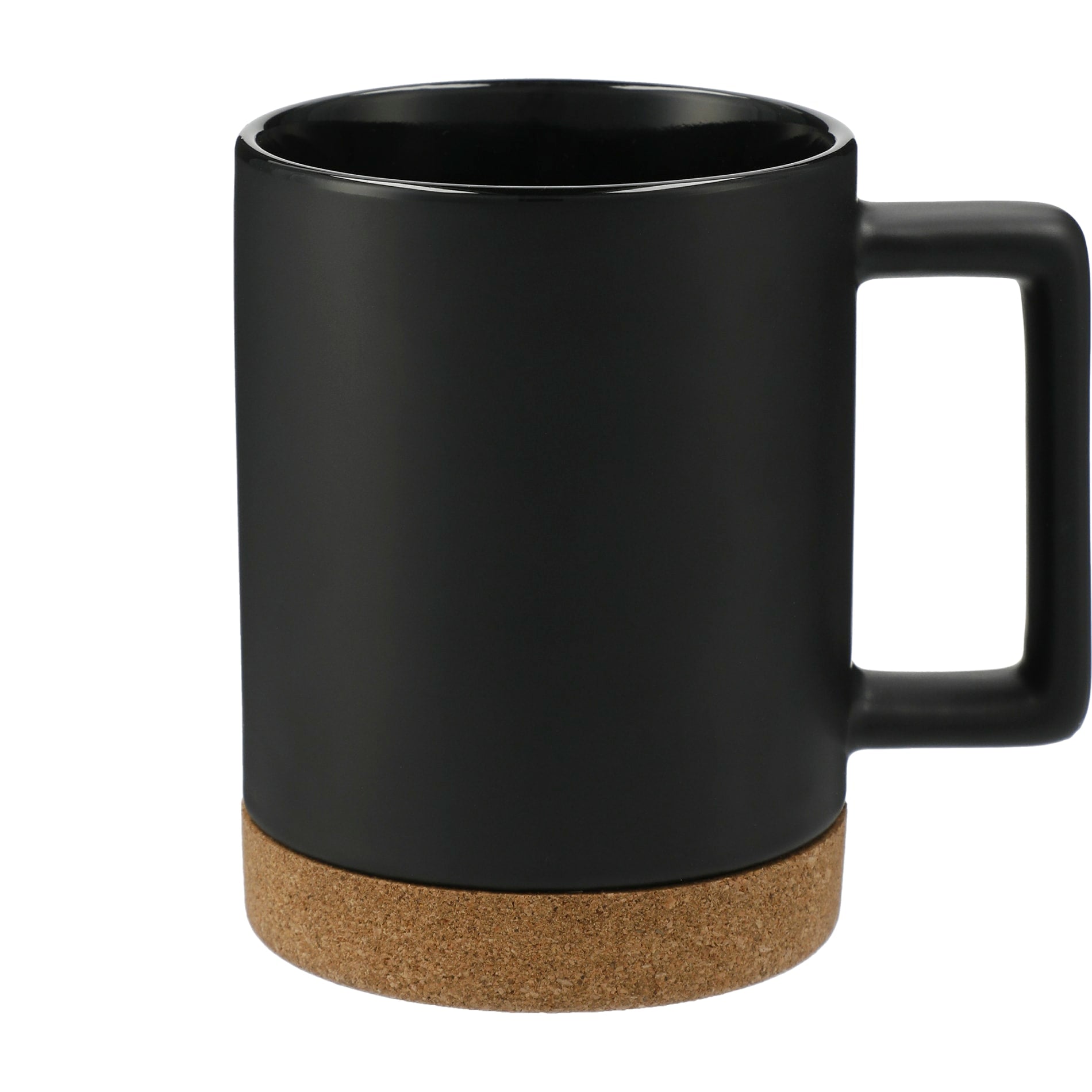 Front View of Black Bates 15oz Ceramic Mug w/ Cork Base plain