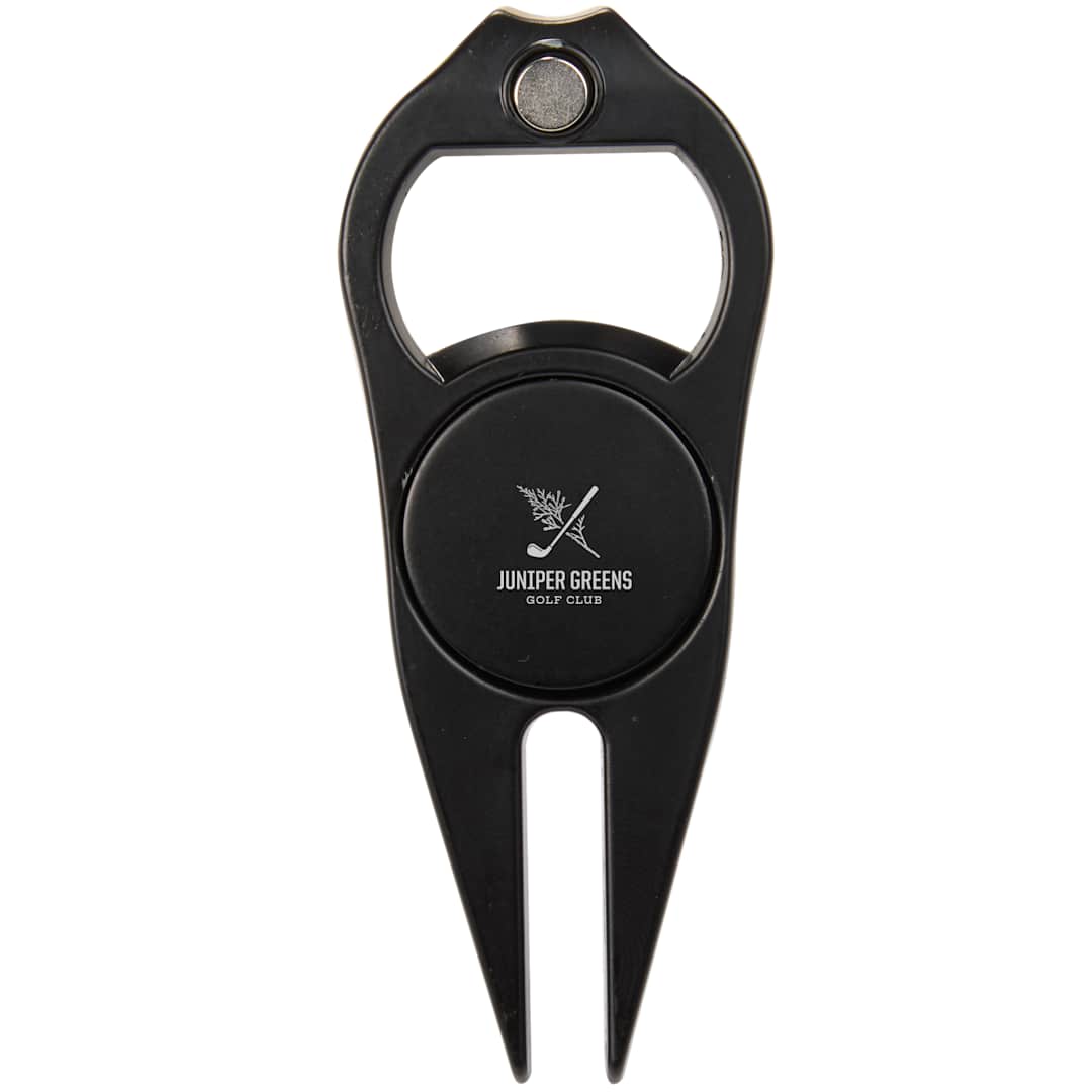 Front View of Black Bottle Opener Divot Tool with Ball Marker