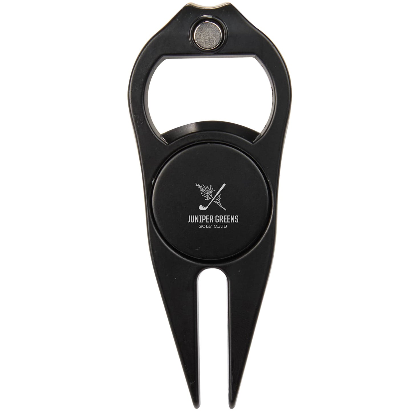 Front View of Black Bottle Opener Divot Tool with Ball Marker