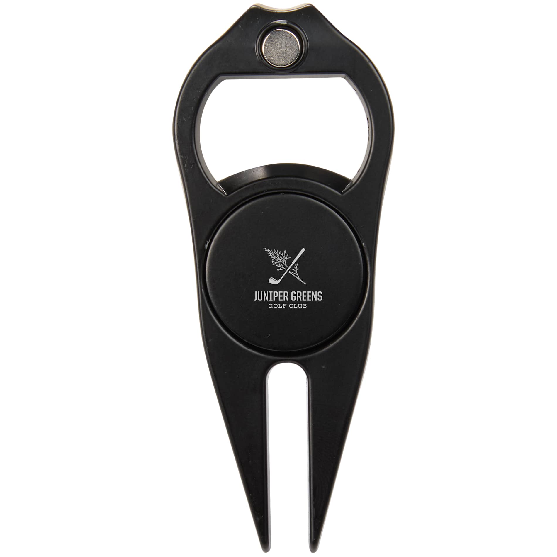 Front View of Black Bottle Opener Divot Tool with Ball Marker