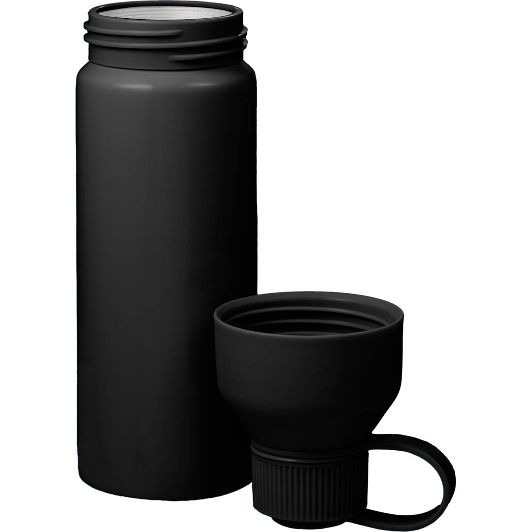 Front View of Black DUO 26oz Recycled Aluminum Bottle