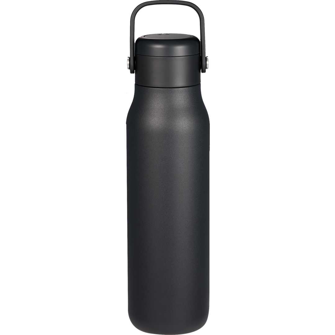 Front View of Black Explorer Threadless Recycled Stainless Bottle 25oz plain
