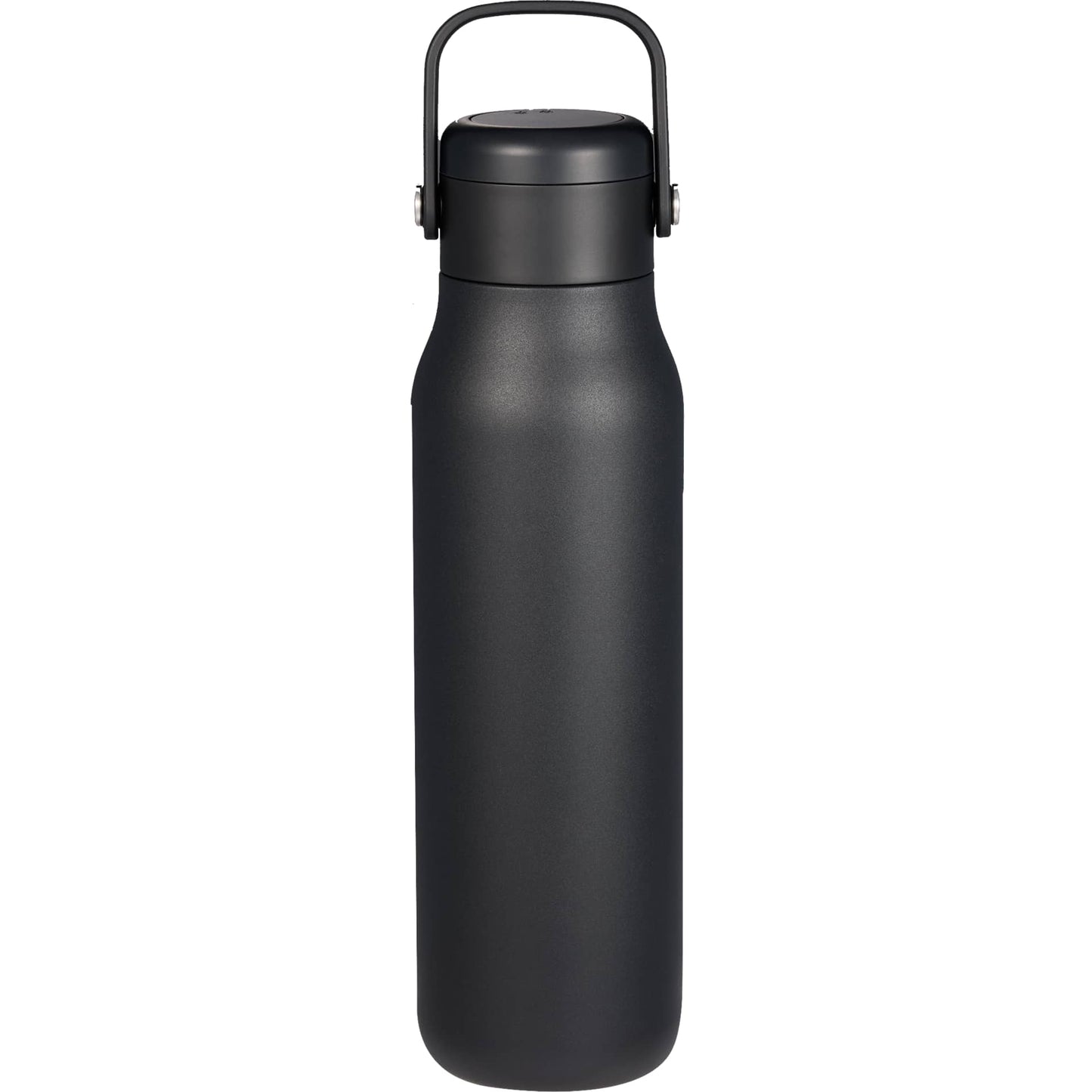 Front View of Black Explorer Threadless Recycled Stainless Bottle 25oz plain