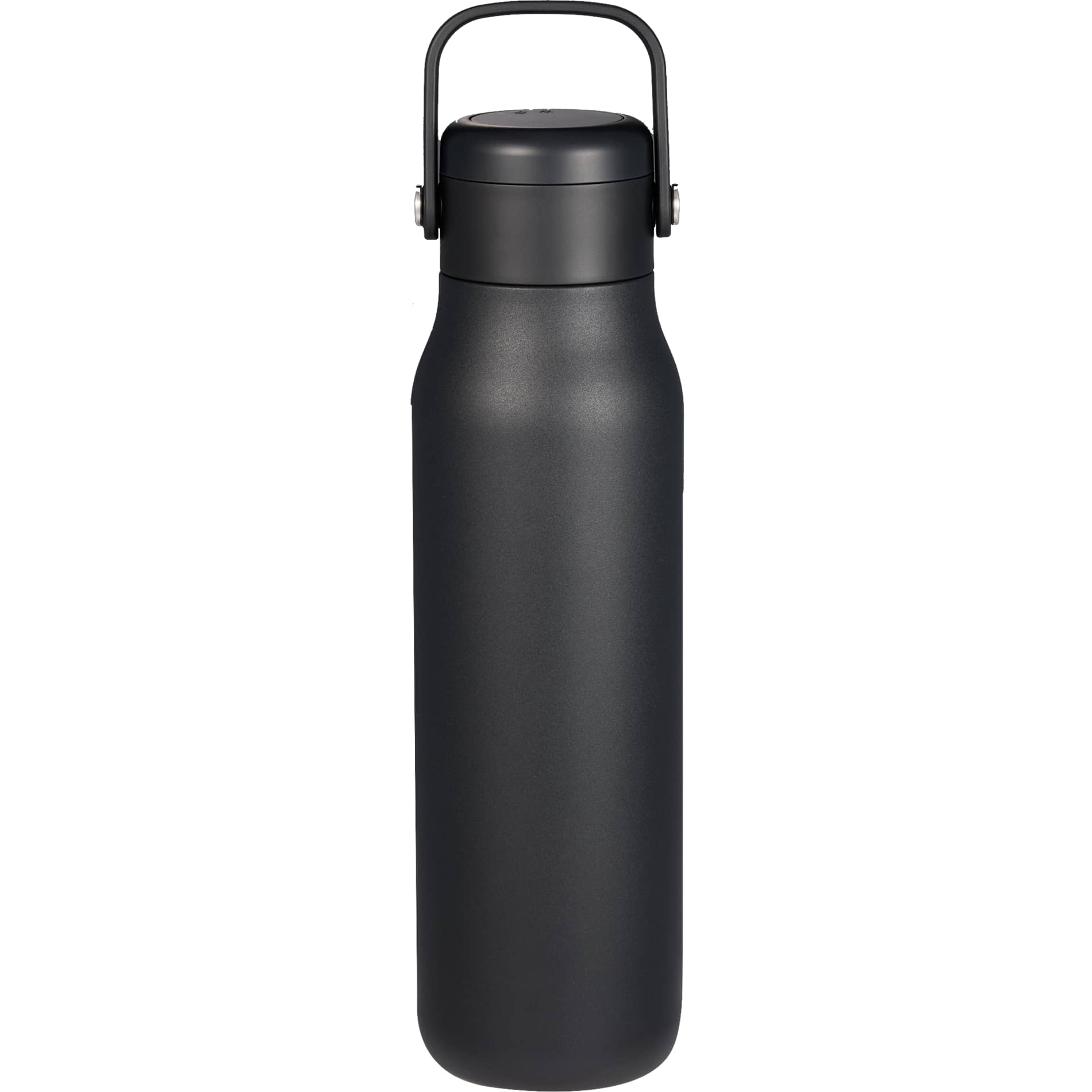 Front View of Black Explorer Threadless Recycled Stainless Bottle 25oz plain