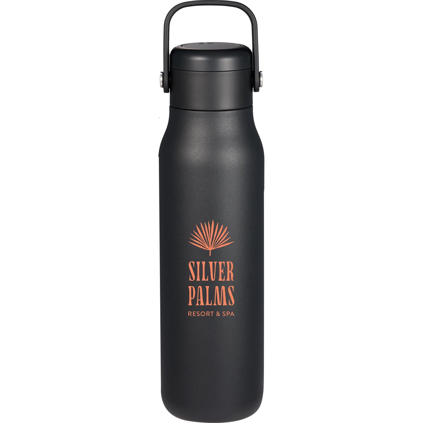 Front View of Black Explorer Threadless Recycled Stainless Bottle 25oz
