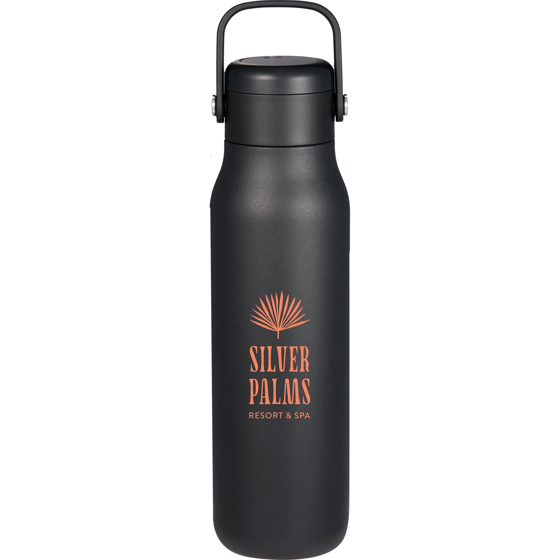 Front View of Black Explorer Threadless Recycled Stainless Bottle 25oz