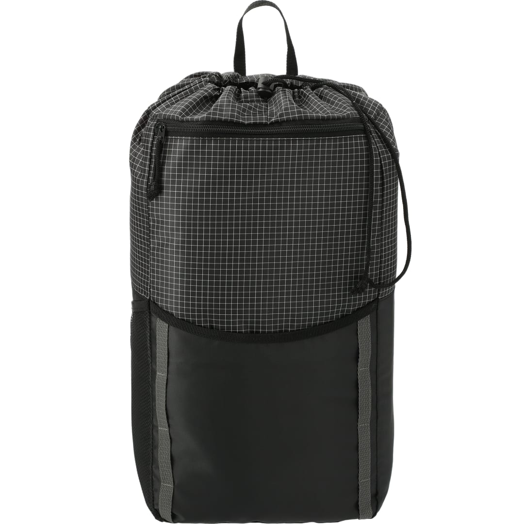 Front View of Black Grid 14L Drawstring Backpack plain
