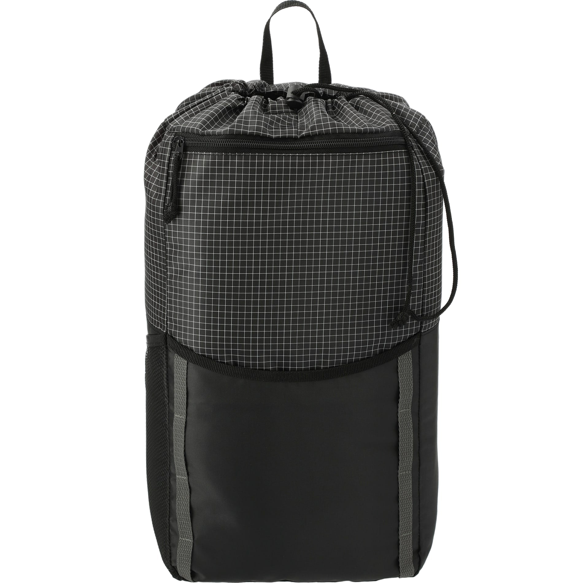 Front View of Black Grid 14L Drawstring Backpack plain