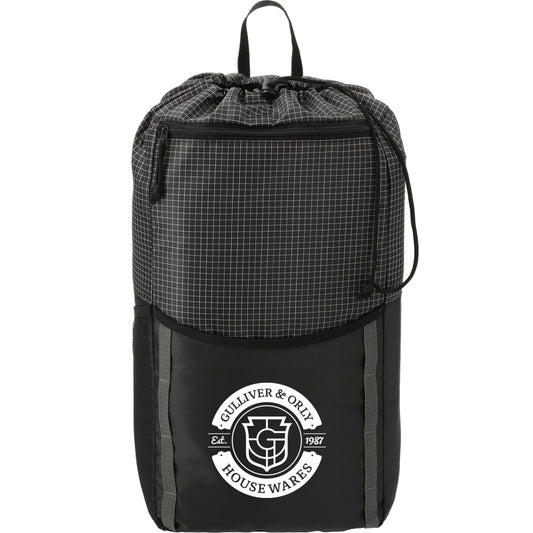 Front View of Black Grid 14L Drawstring Backpack