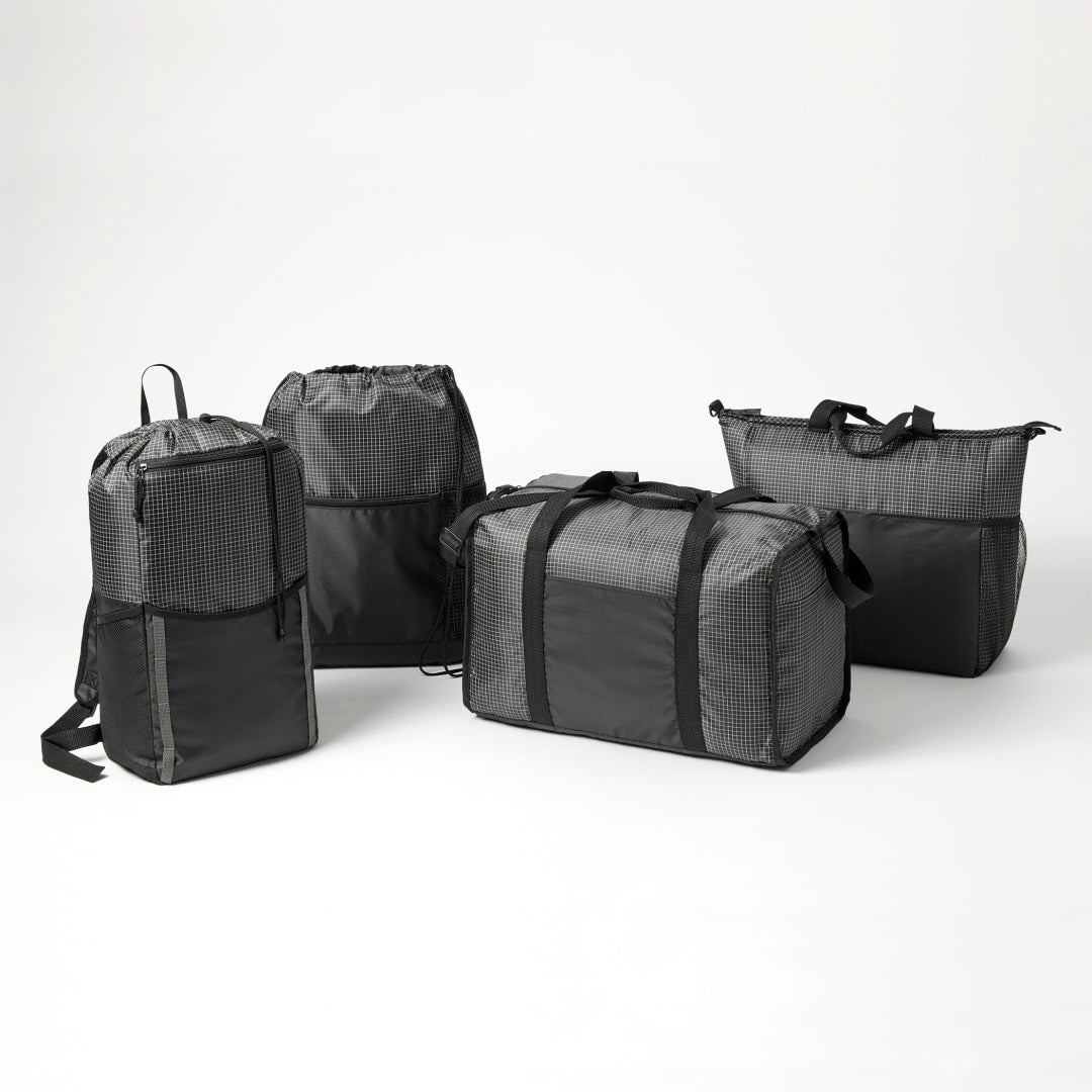 Front View of Black Grid 14L Drawstring Backpack