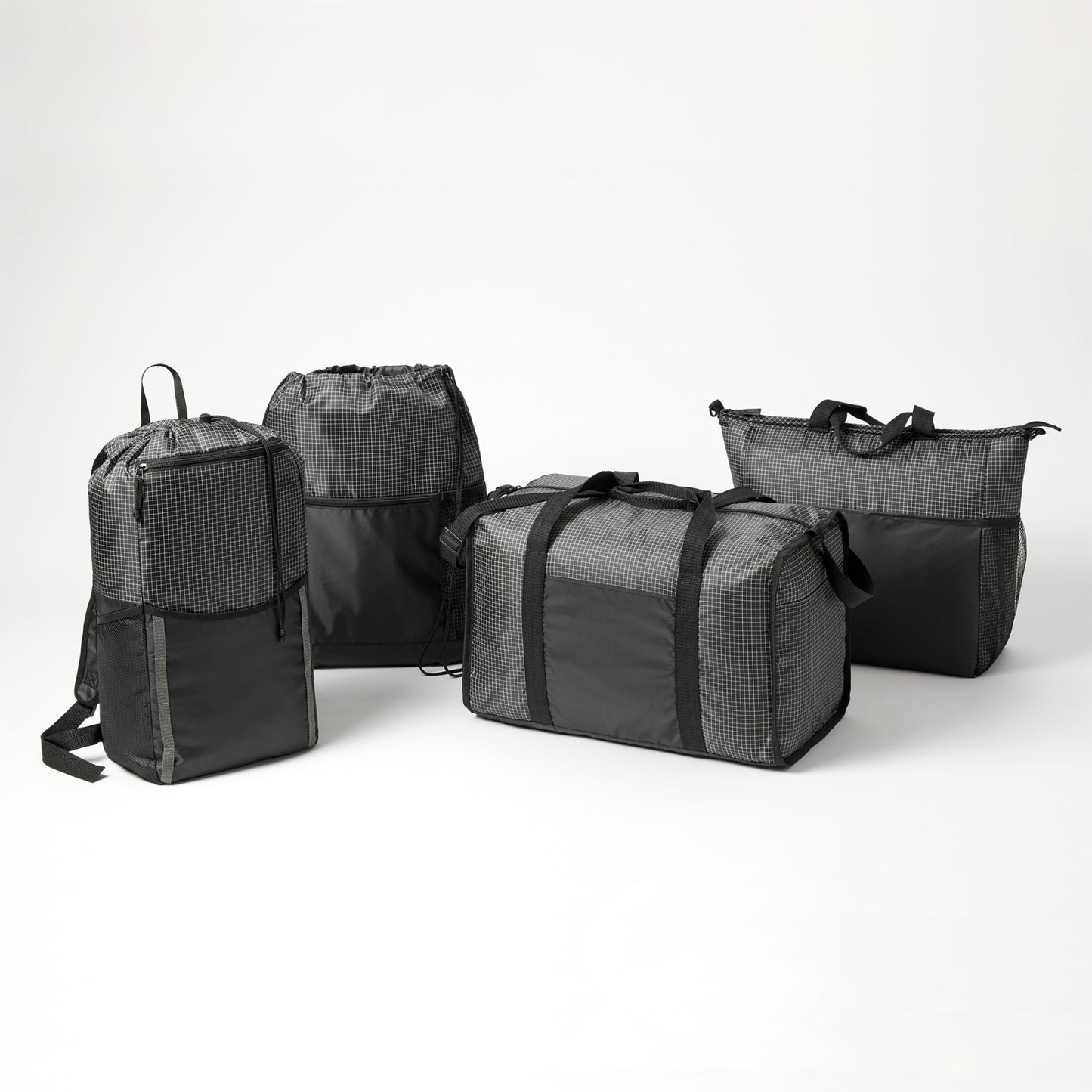 Front View of Black Grid 14L Drawstring Backpack