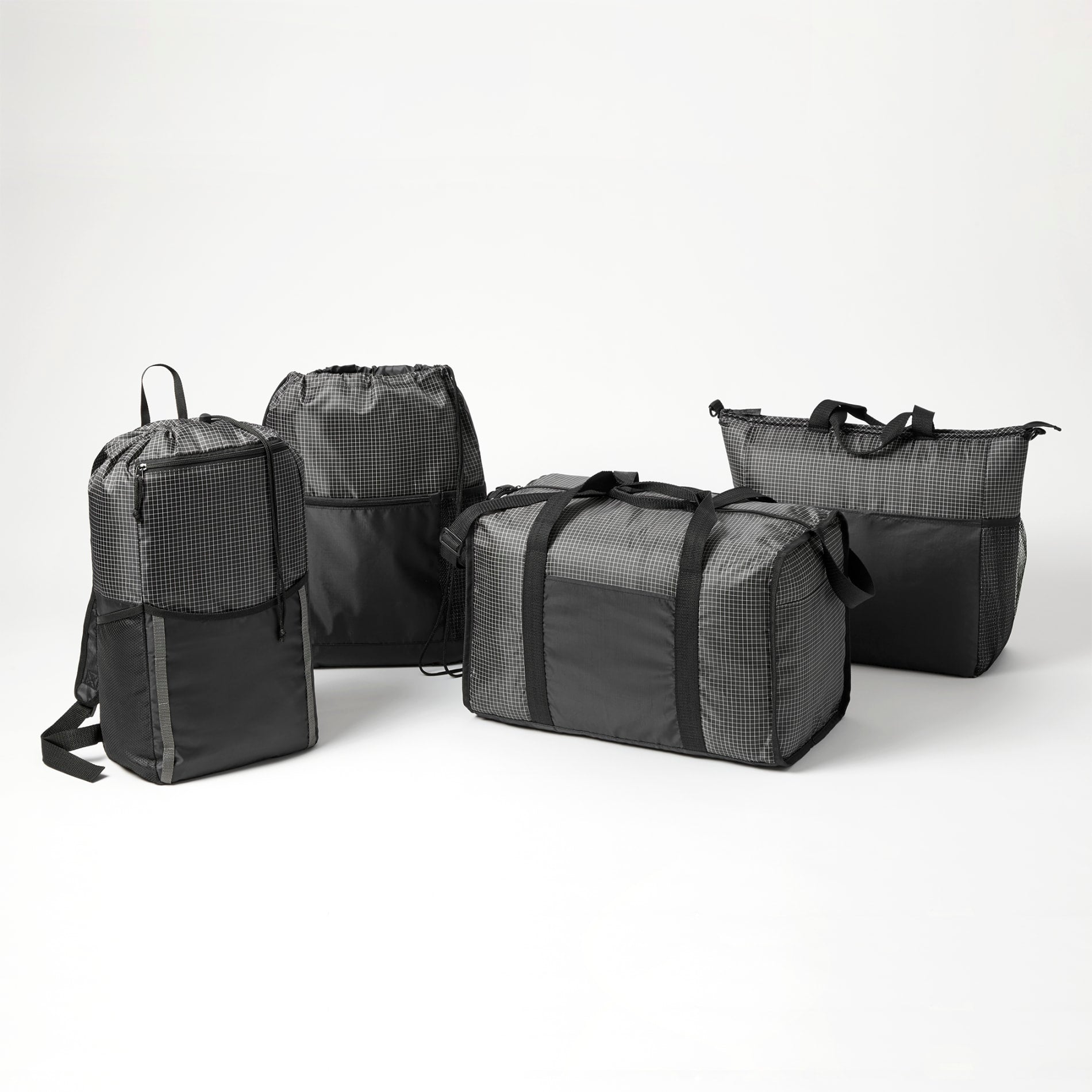 Front View of Black Grid 14L Drawstring Backpack