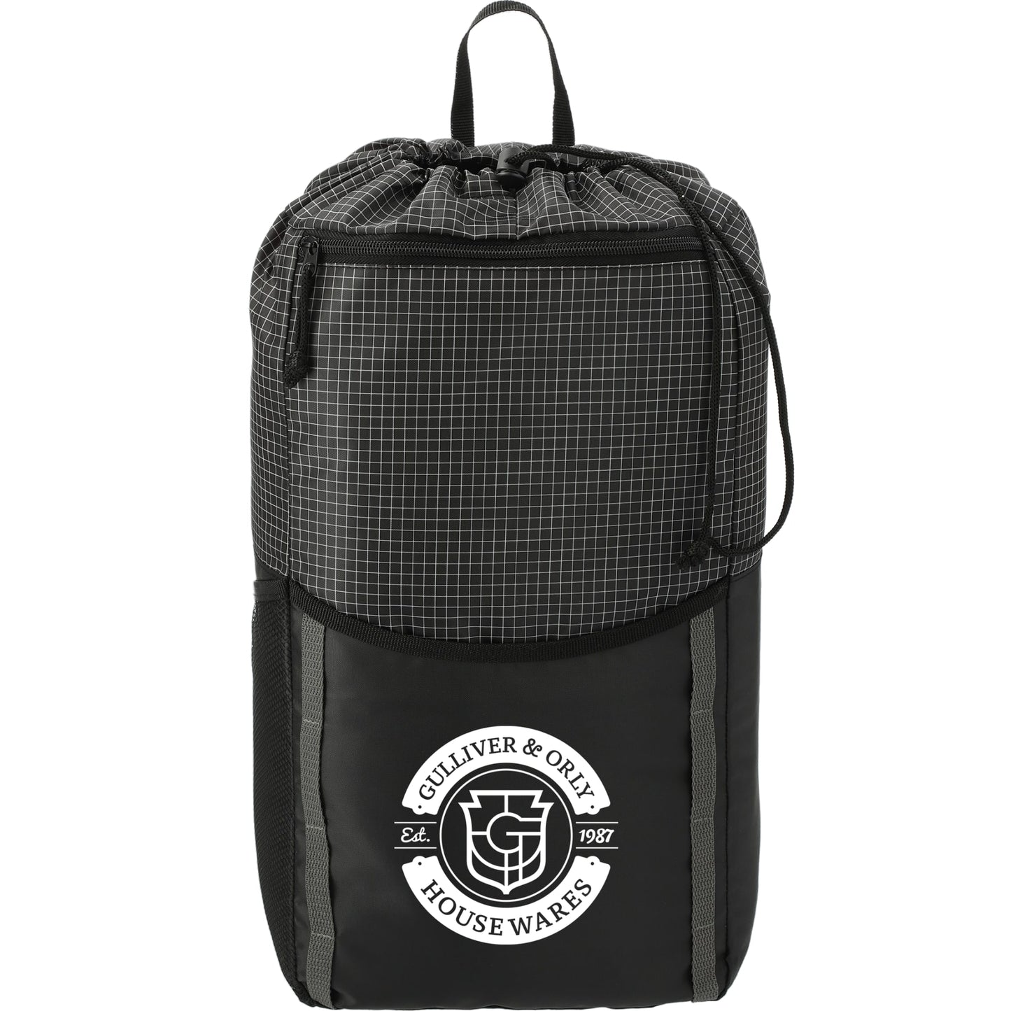 Front View of Black Grid 14L Drawstring Backpack