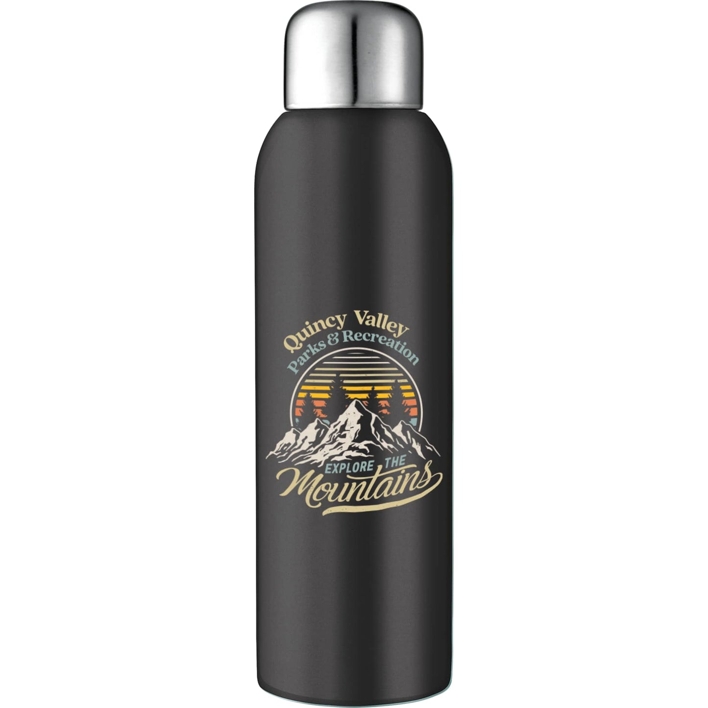 Front View of Black Guzzle 28oz Stainless Sports Bottle