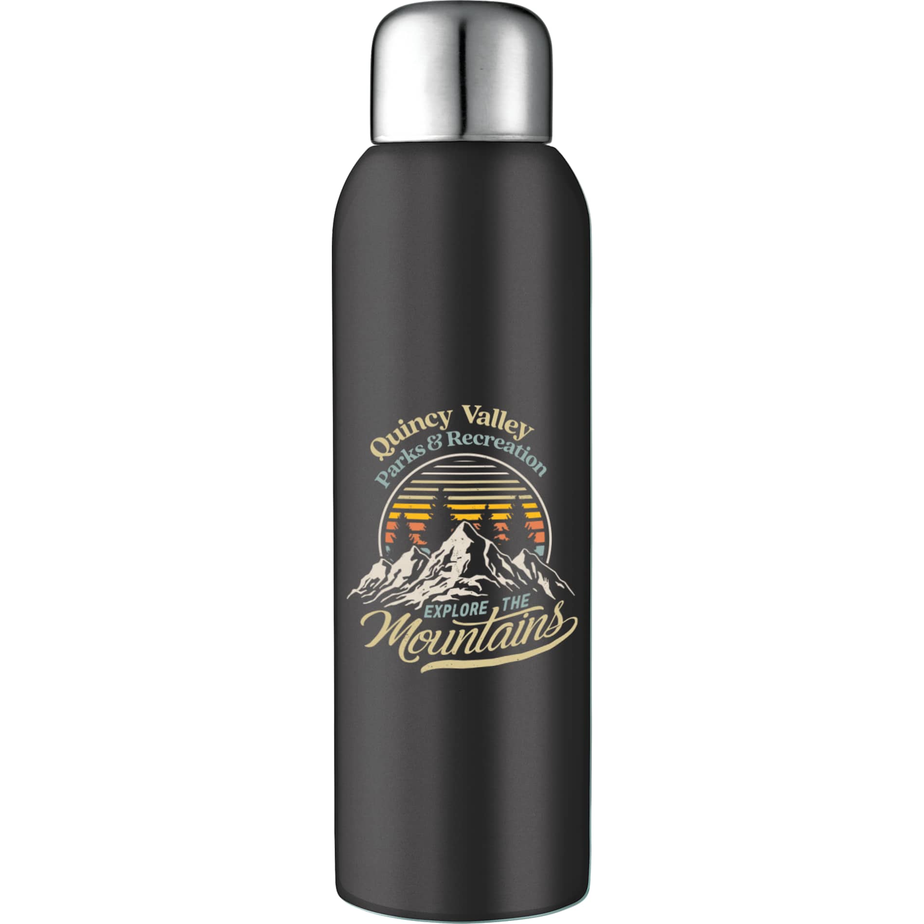 Front View of Black Guzzle 28oz Stainless Sports Bottle