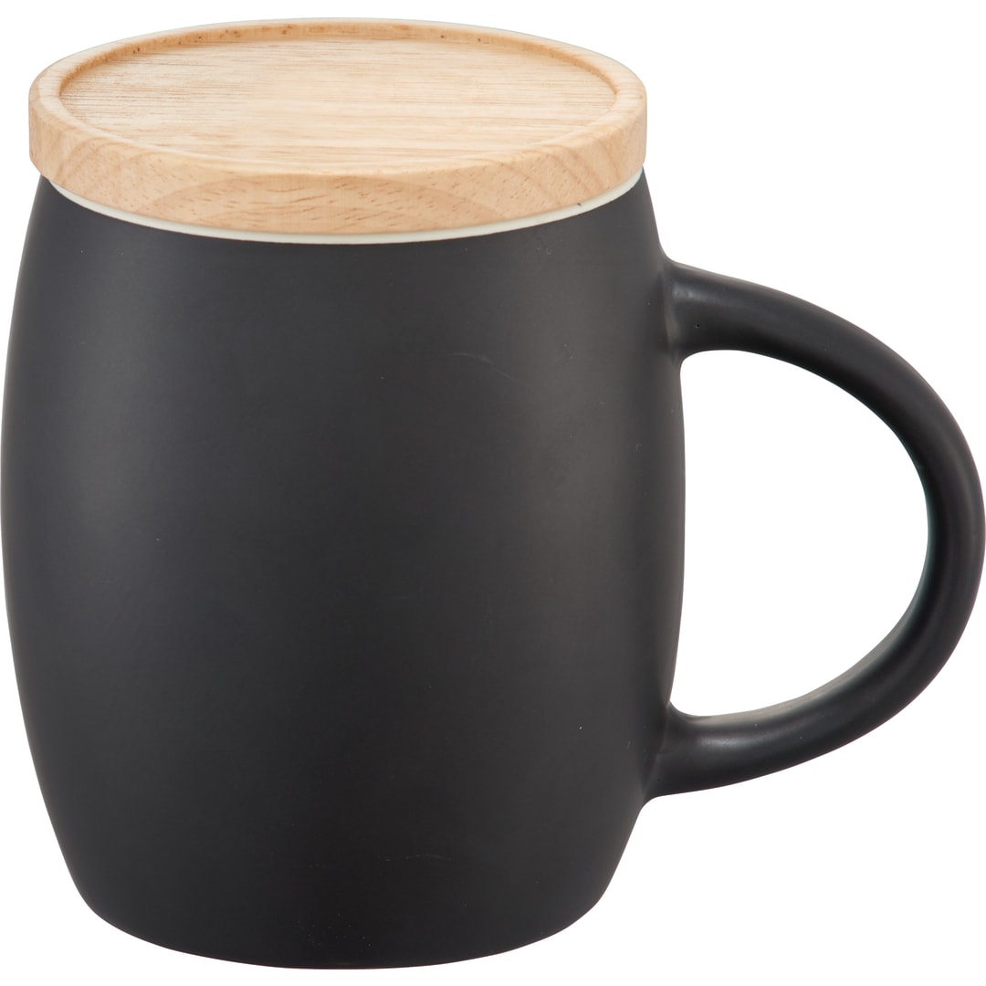 Front View of Black Hearth Ceramic Mug FSC®100% Wood Lid/Coaster 15oz plain