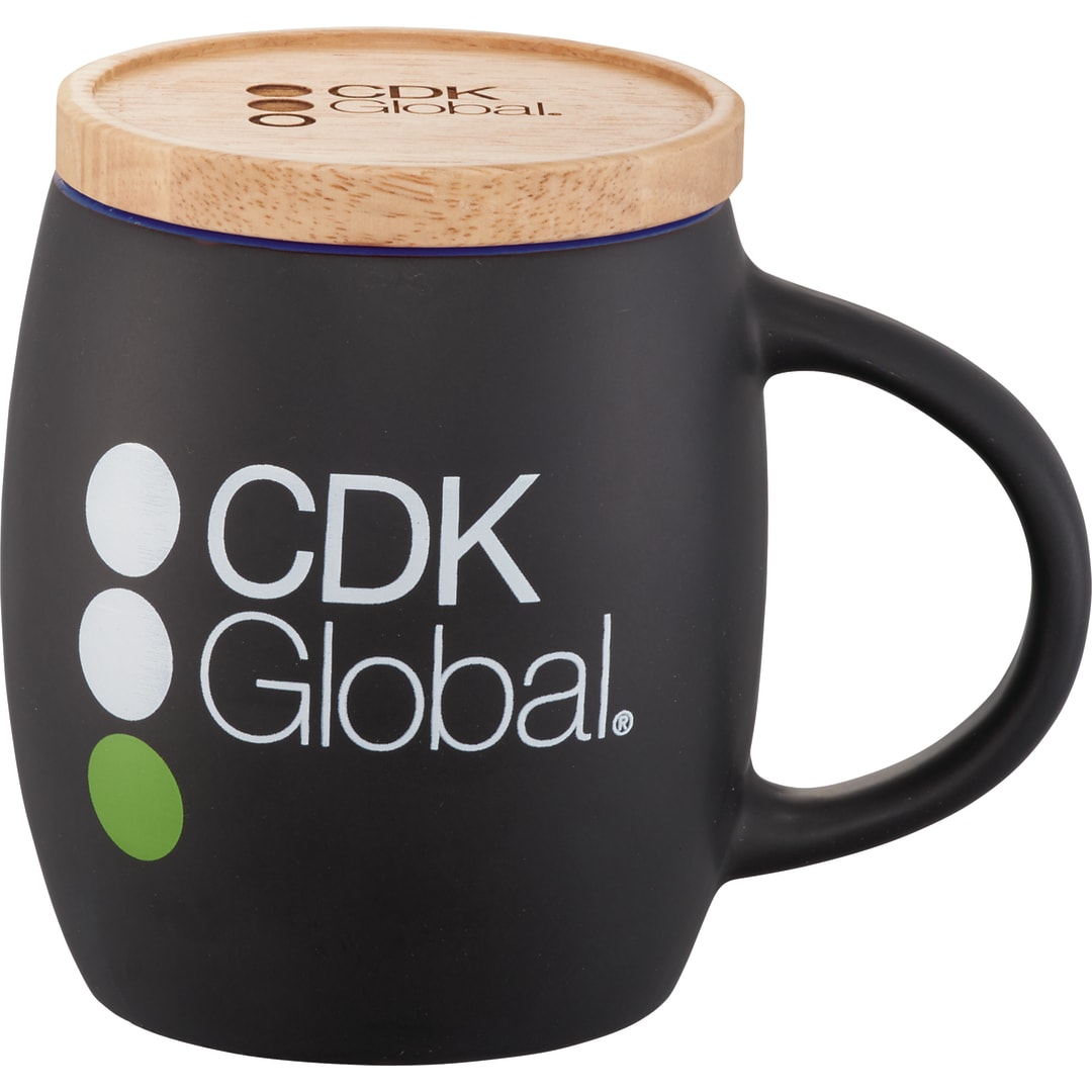 Front View of Black Hearth Ceramic Mug FSC®100% Wood Lid/Coaster 15oz