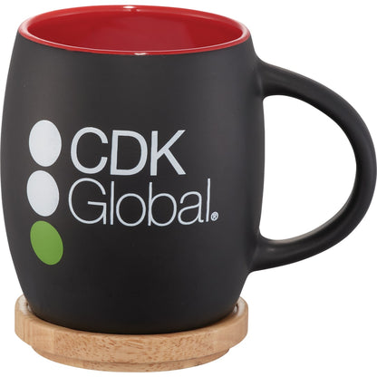 Front View of Black Hearth Ceramic Mug FSC®100% Wood Lid/Coaster 15oz