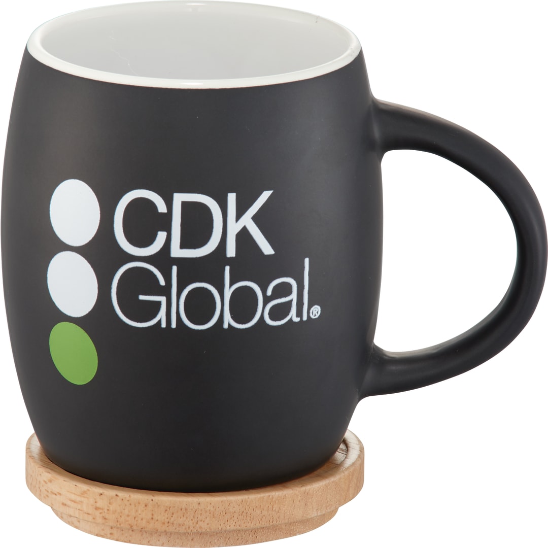 Front View of Black Hearth Ceramic Mug FSC®100% Wood Lid/Coaster 15oz