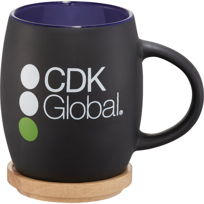 Front View of Black Hearth Ceramic Mug FSC®100% Wood Lid/Coaster 15oz
