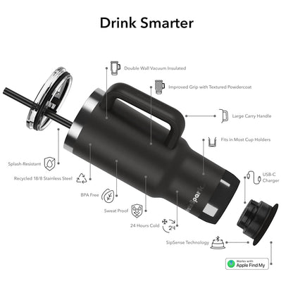 Front View of Black HidrateSpark Pro 2 Tumbler 30oz