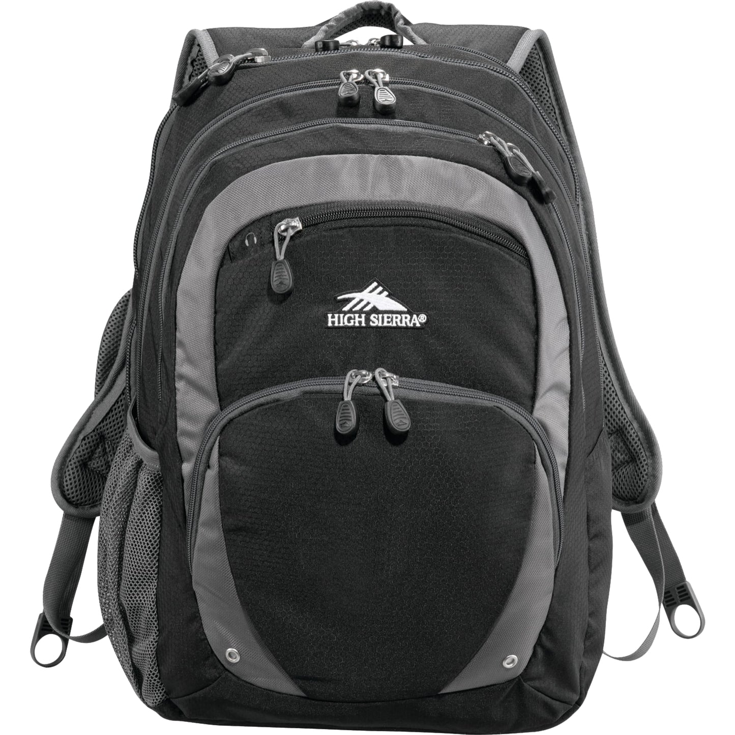Front View of Black High Sierra Overtime Fly-By 17" Computer Backpack plain