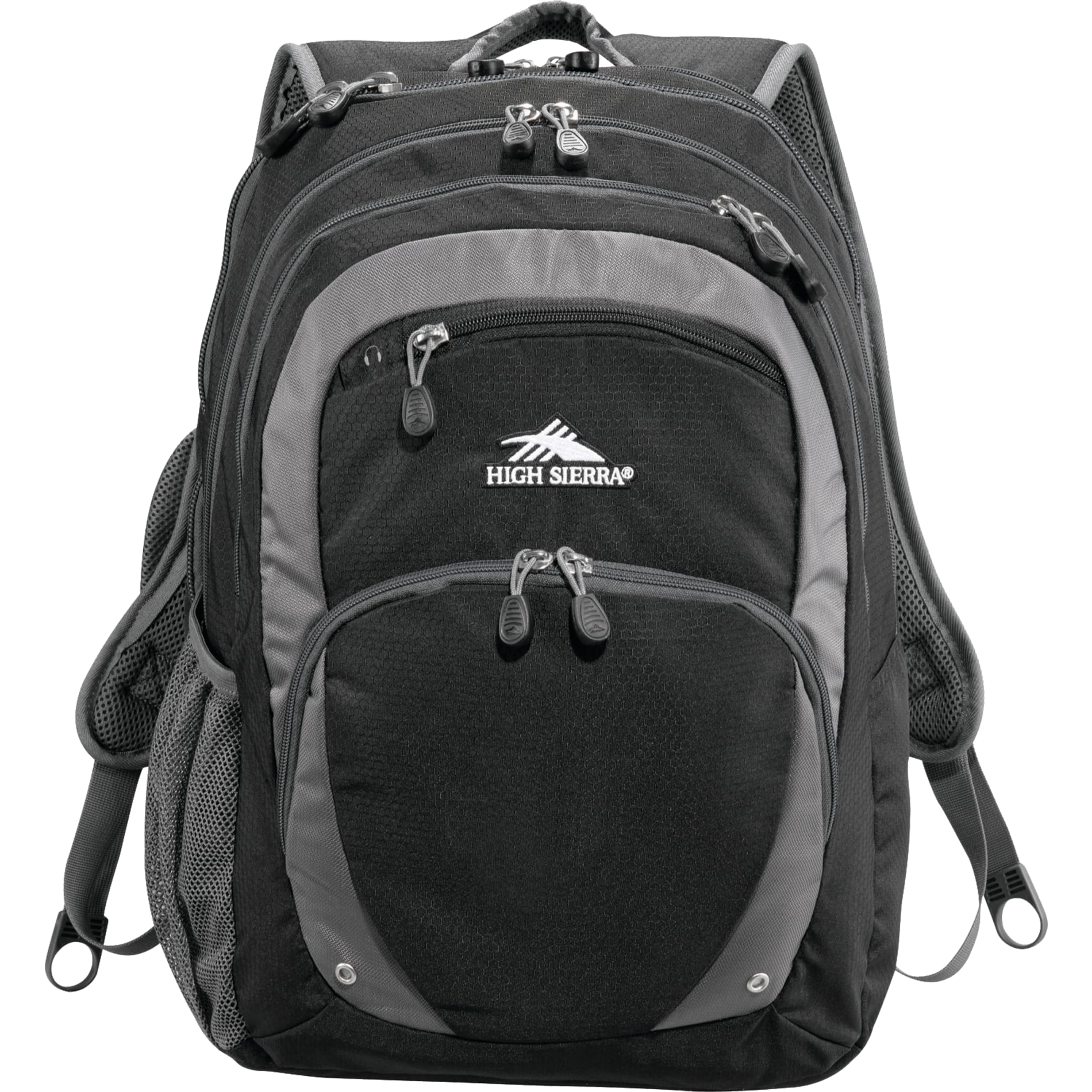 Front View of Black High Sierra Overtime Fly-By 17" Computer Backpack plain