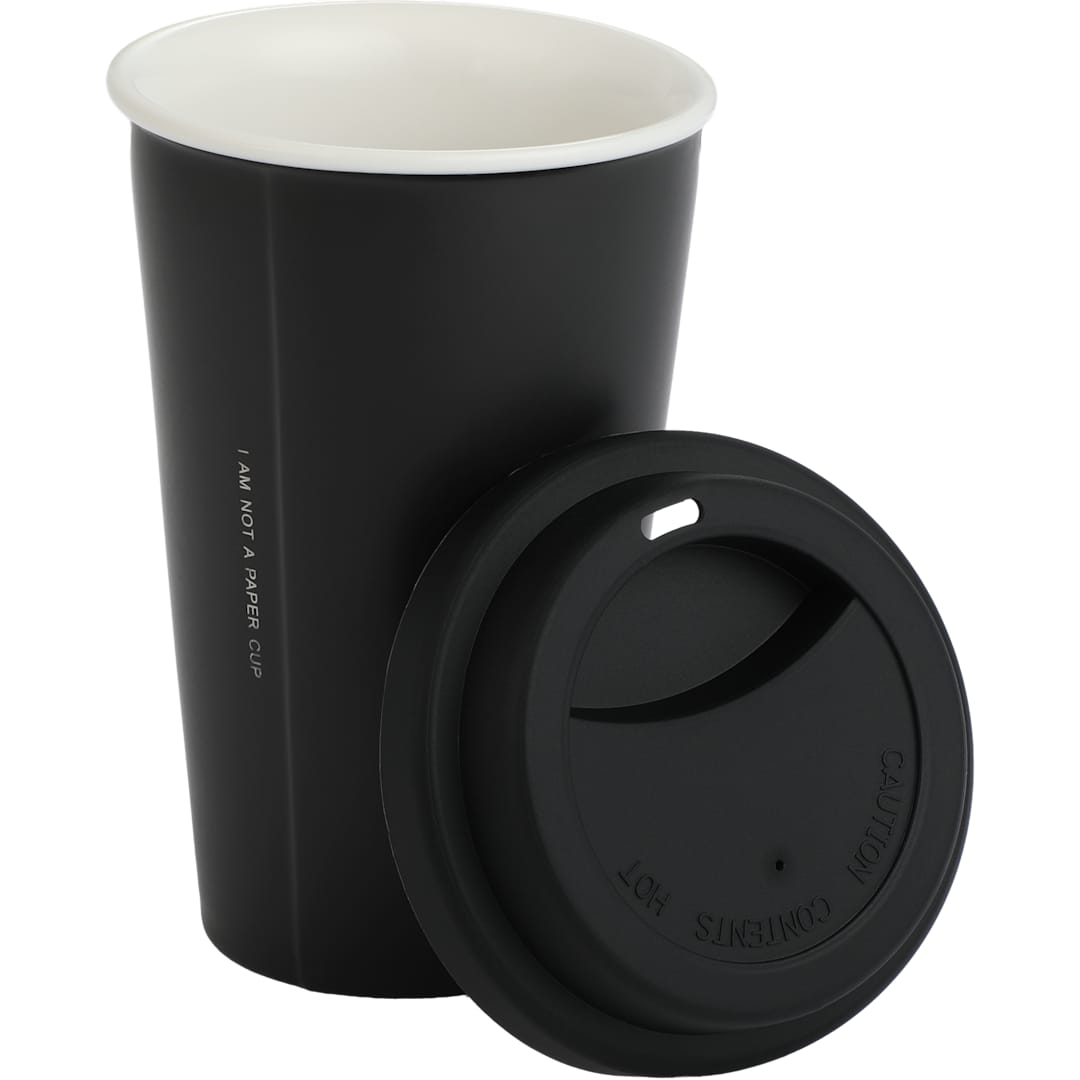 Front View of Black I'm Not a Paper Cup 10oz Ceramic Tumbler w/ Lid