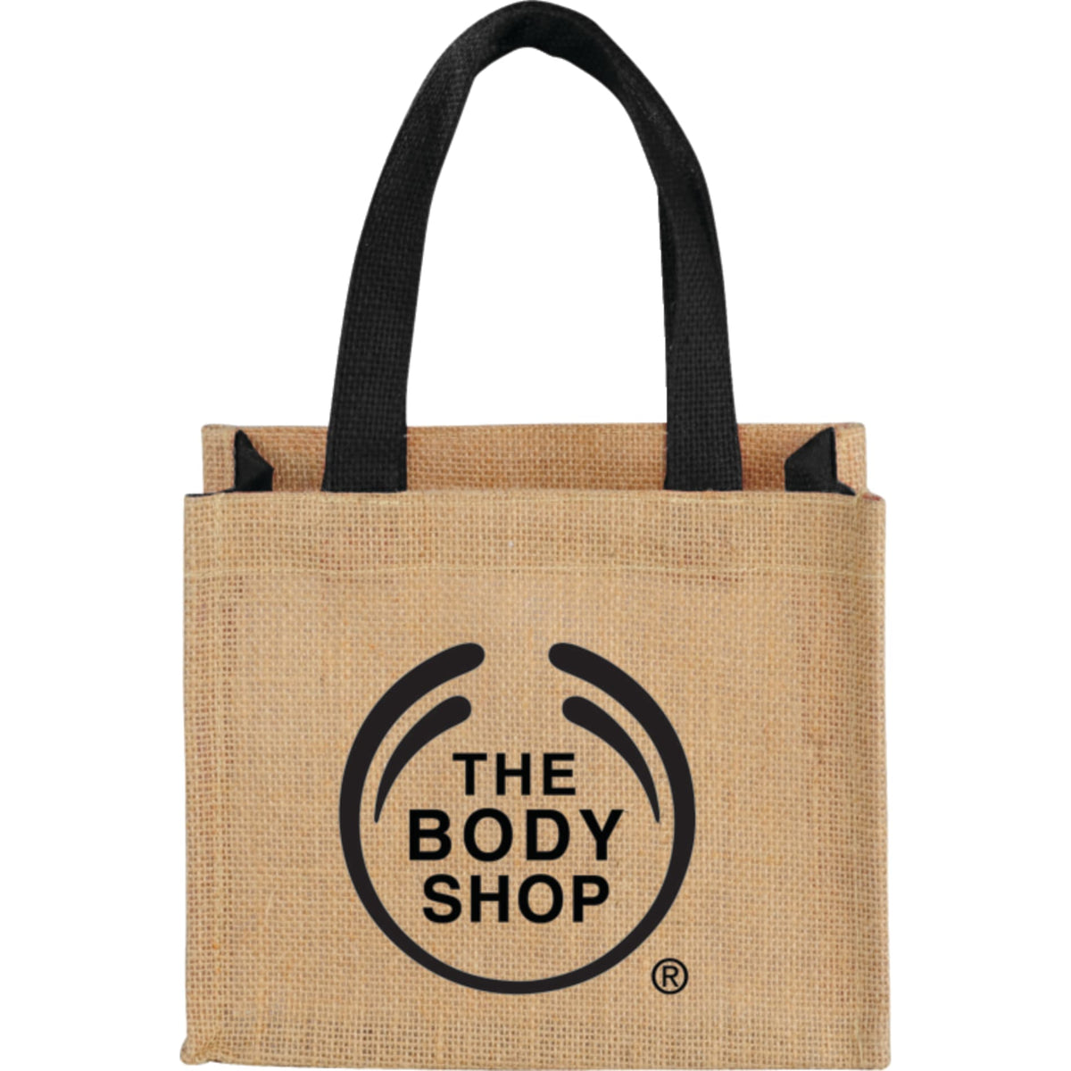 Front View of Black Mini Jute Gift Tote