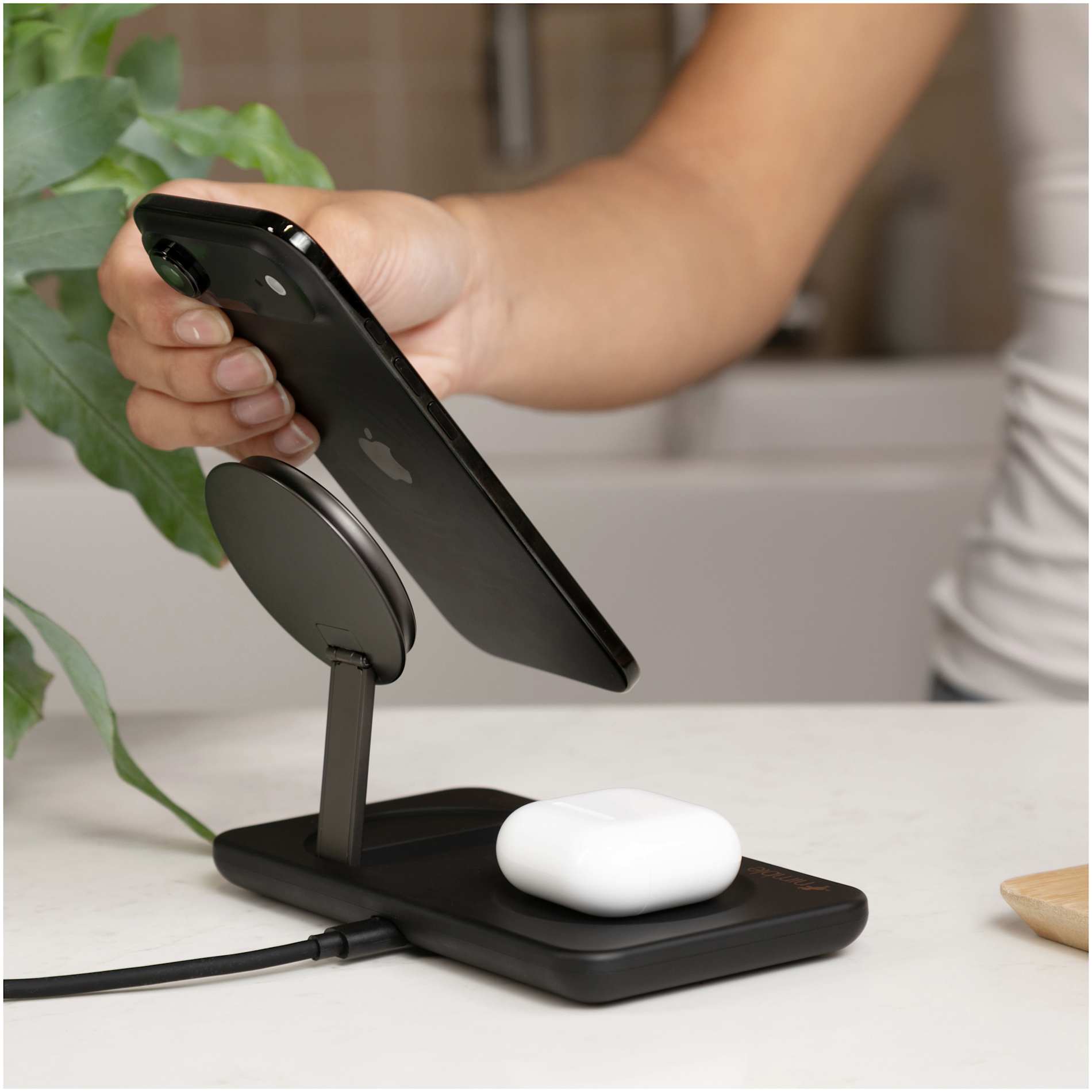 Front View of Black Nimble Podium 2-in-1 Wireless Charging Stand