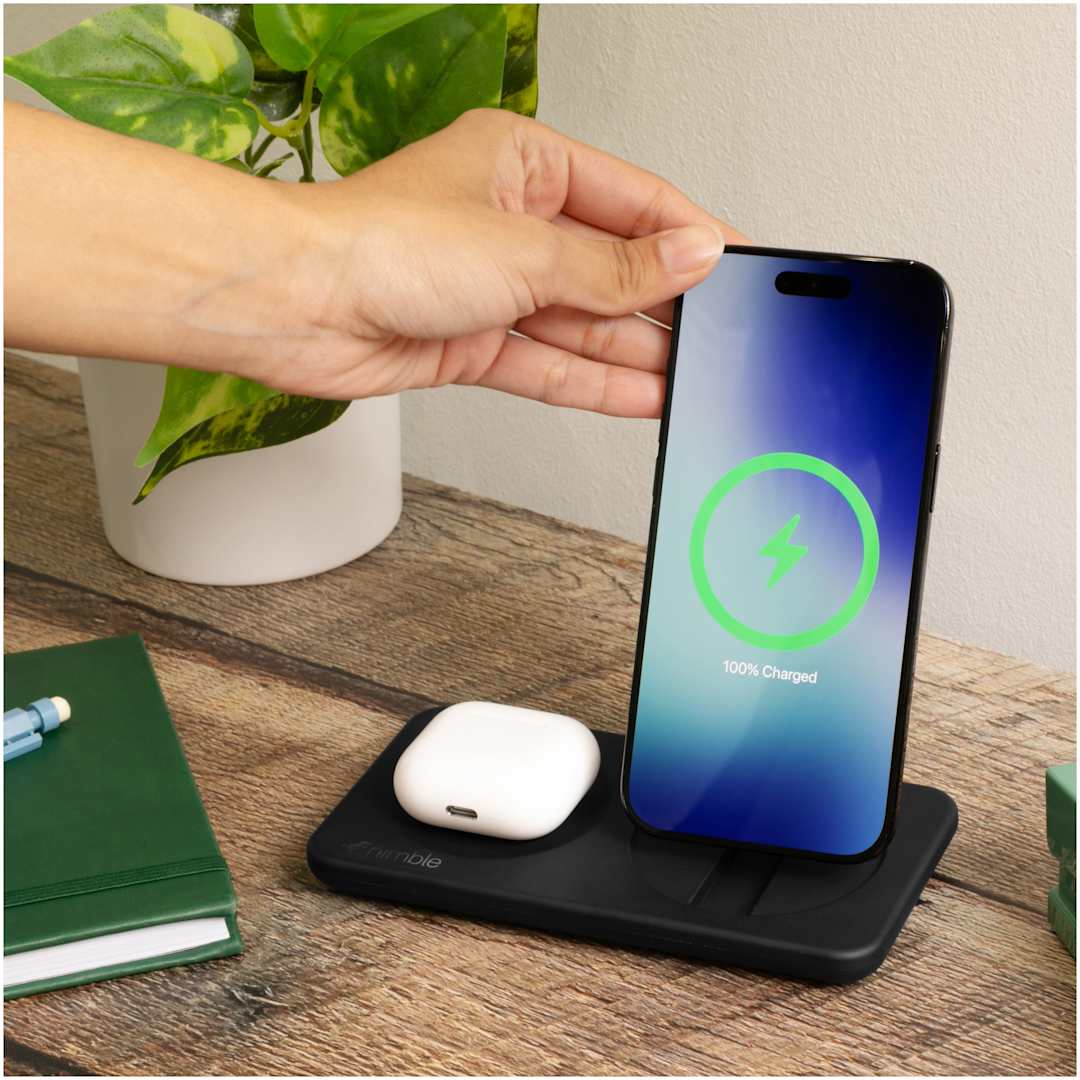 Front View of Black Nimble Podium 2-in-1 Wireless Charging Stand