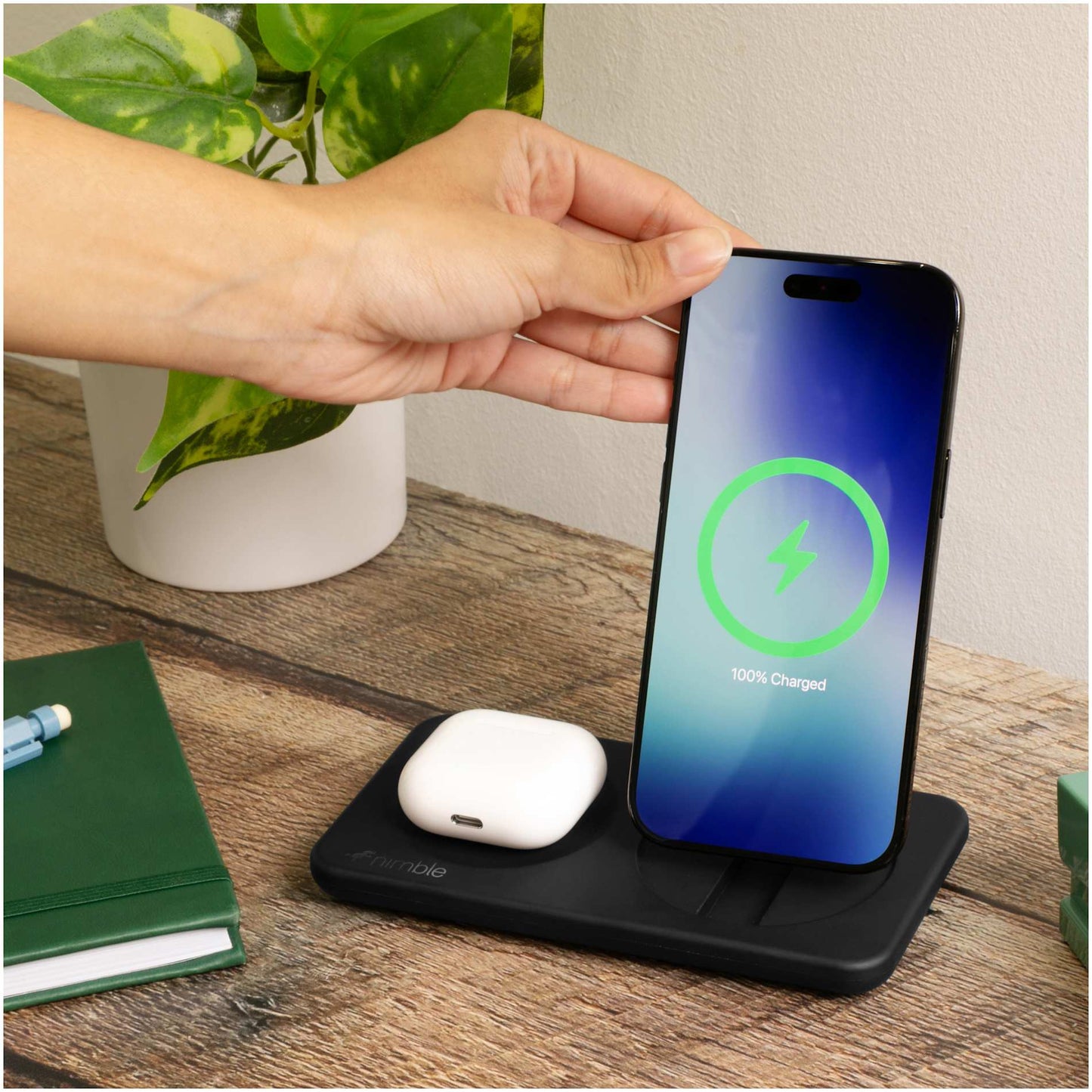 Front View of Black Nimble Podium 2-in-1 Wireless Charging Stand