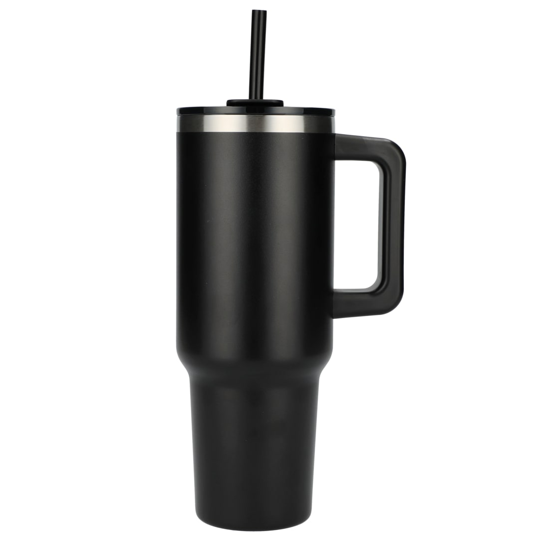 Front View of Black Pinnacle Recycled Travel Tumbler with Straw 40oz plain
