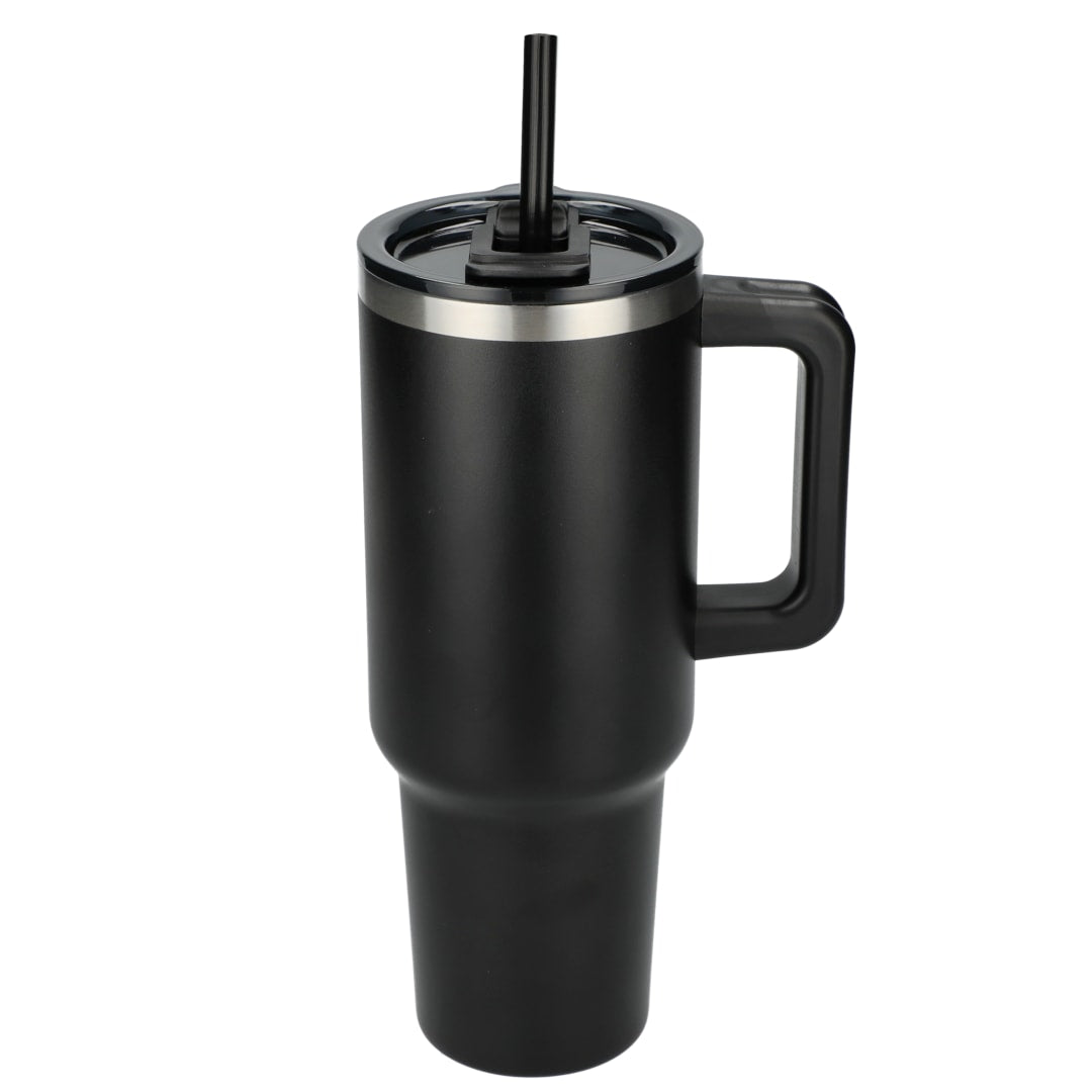 Front View of Black Pinnacle Recycled Travel Tumbler with Straw 40oz plain
