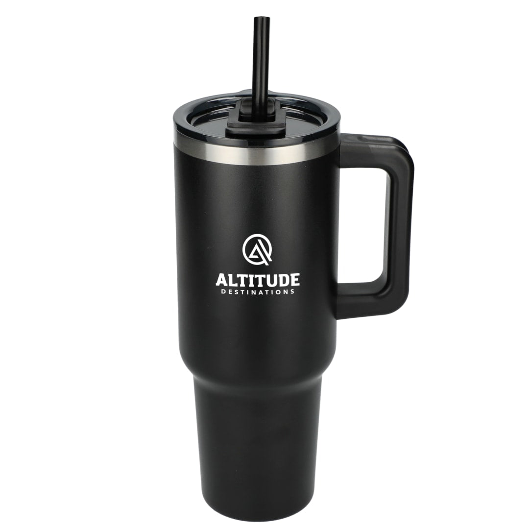 Front View of Black Pinnacle Recycled Travel Tumbler with Straw 40oz