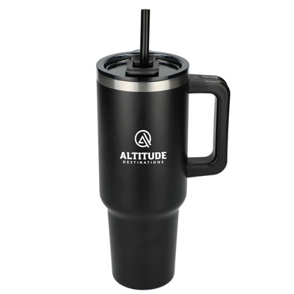 Front View of Black Pinnacle Recycled Travel Tumbler with Straw 40oz
