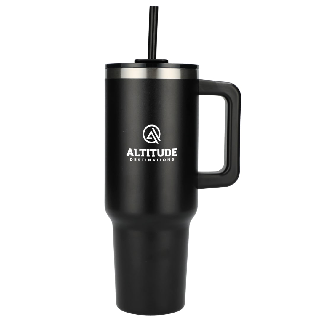 Front View of Black Pinnacle Recycled Travel Tumbler with Straw 40oz