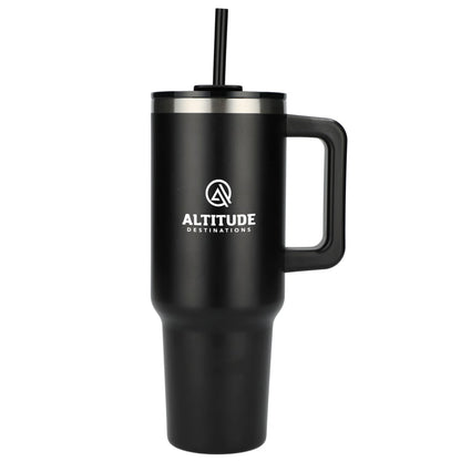 Front View of Black Pinnacle Recycled Travel Tumbler with Straw 40oz