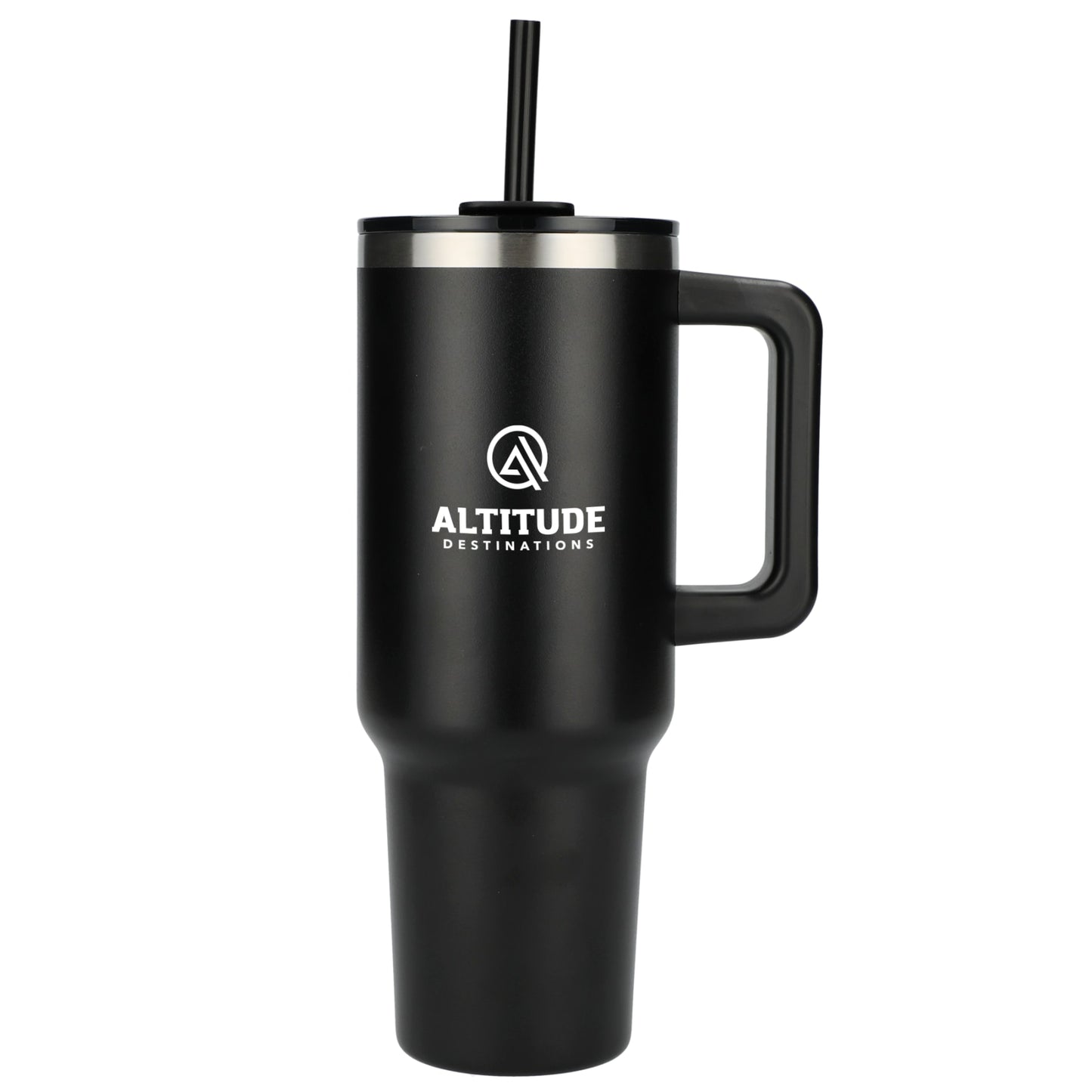 Front View of Black Pinnacle Recycled Travel Tumbler with Straw 40oz