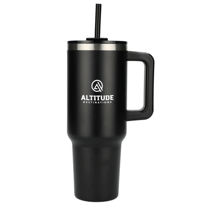 Front View of Black Pinnacle Recycled Travel Tumbler with Straw 40oz