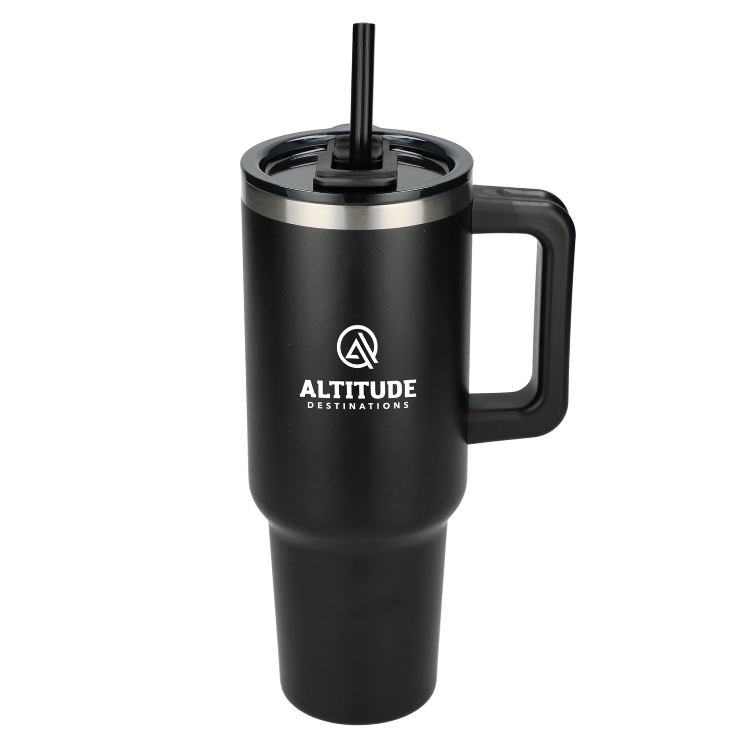 Front View of Black Pinnacle Recycled Travel Tumbler with Straw 40oz