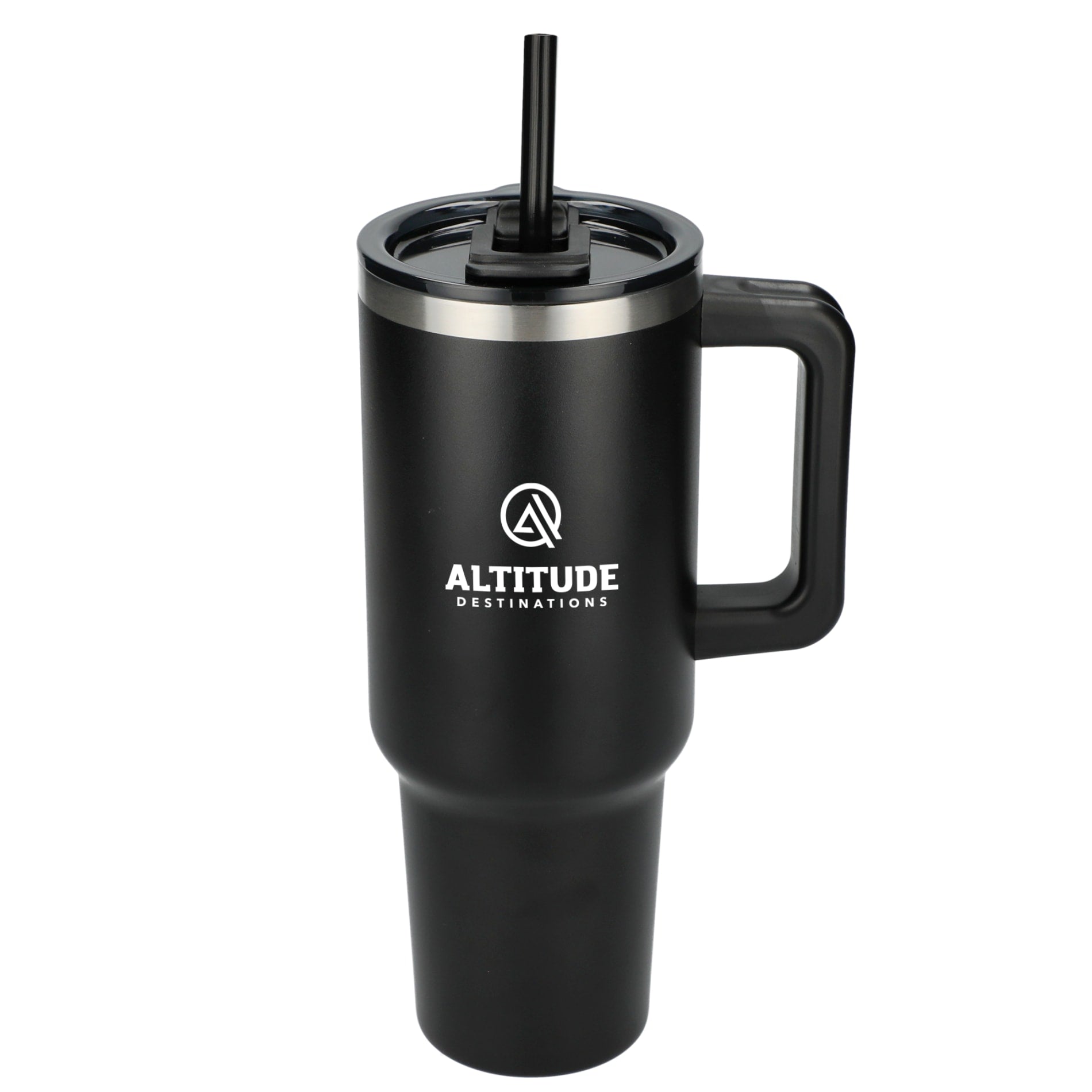 Front View of Black Pinnacle Recycled Travel Tumbler with Straw 40oz