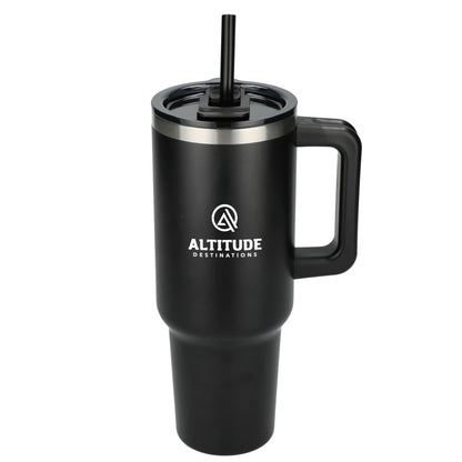 Front View of Black Pinnacle Recycled Travel Tumbler with Straw 40oz