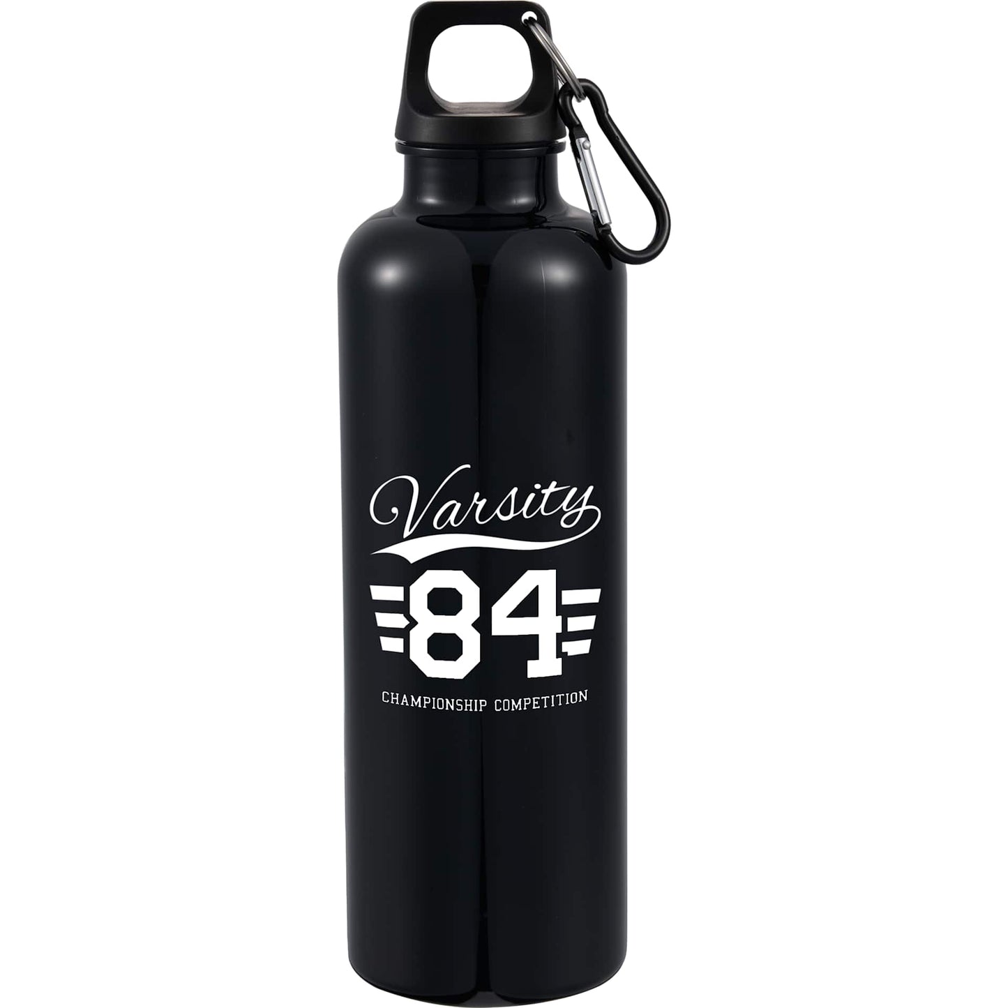 Front View of Black Race 25oz  Recycled Bottle with Carabiner